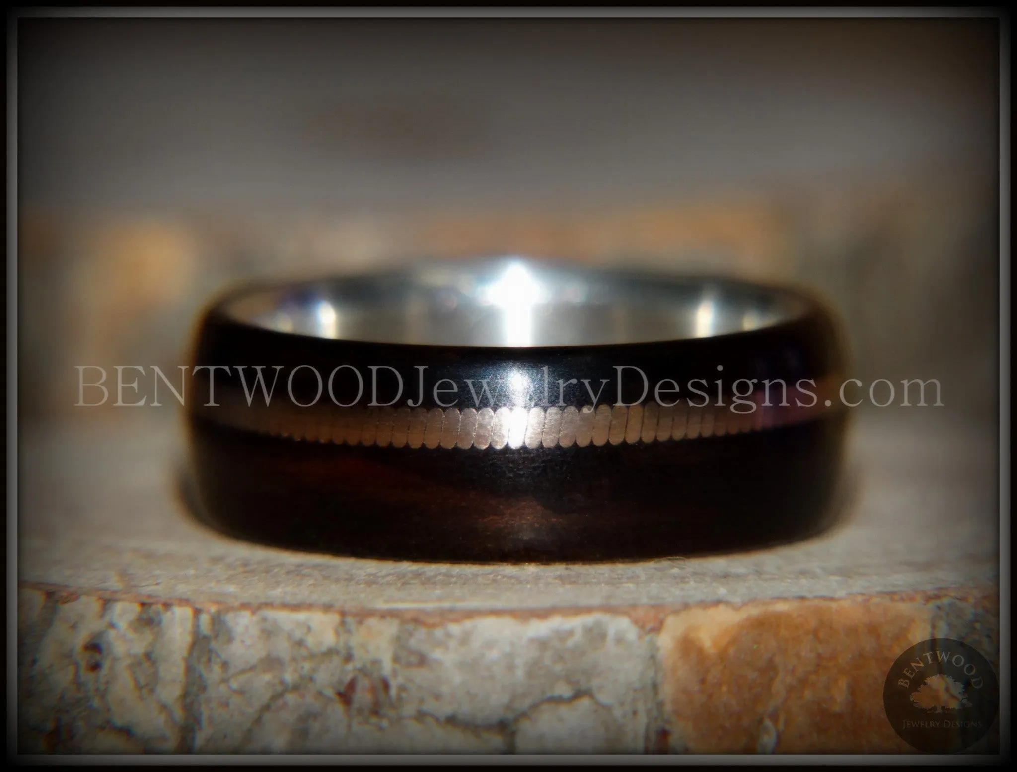 Bentwood Ring - "HEAVY Acoustic Minimalist" Macassar Ebony Wood Ring on Fine Silver Core with Thick Bronze Acoustic Guitar String Inlay