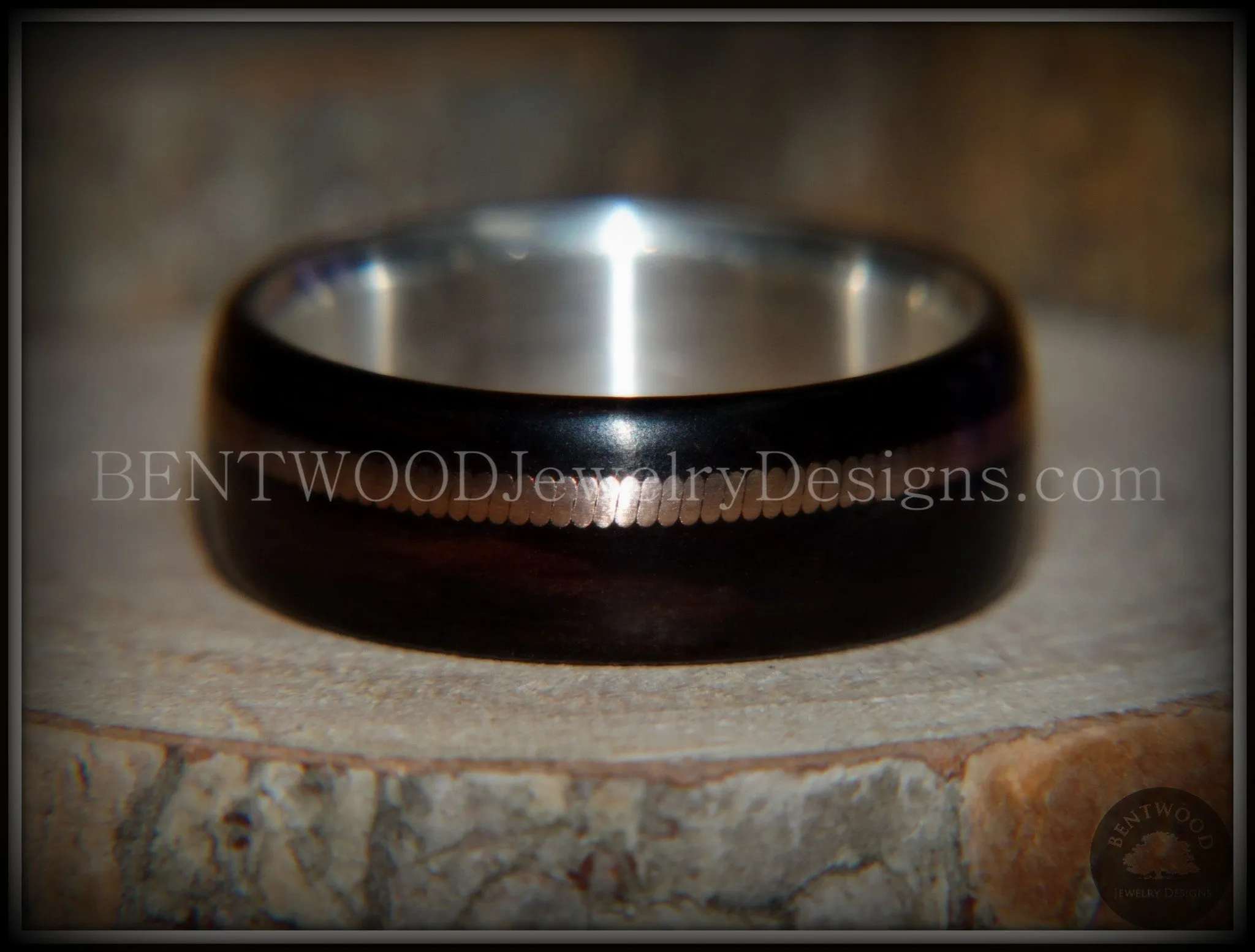Bentwood Ring - "HEAVY Acoustic Minimalist" Macassar Ebony Wood Ring on Fine Silver Core with Thick Bronze Acoustic Guitar String Inlay