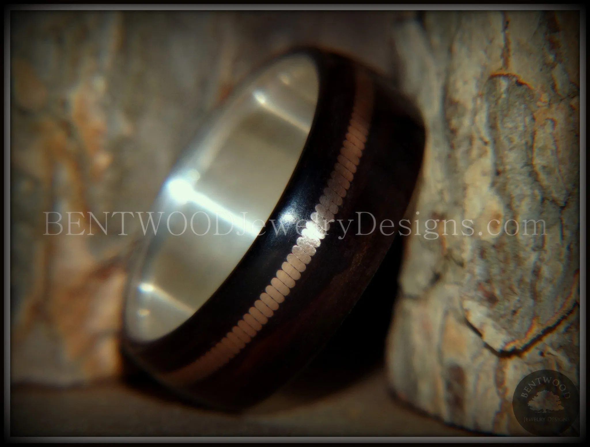 Bentwood Ring - "HEAVY Acoustic Minimalist" Macassar Ebony Wood Ring on Fine Silver Core with Thick Bronze Acoustic Guitar String Inlay