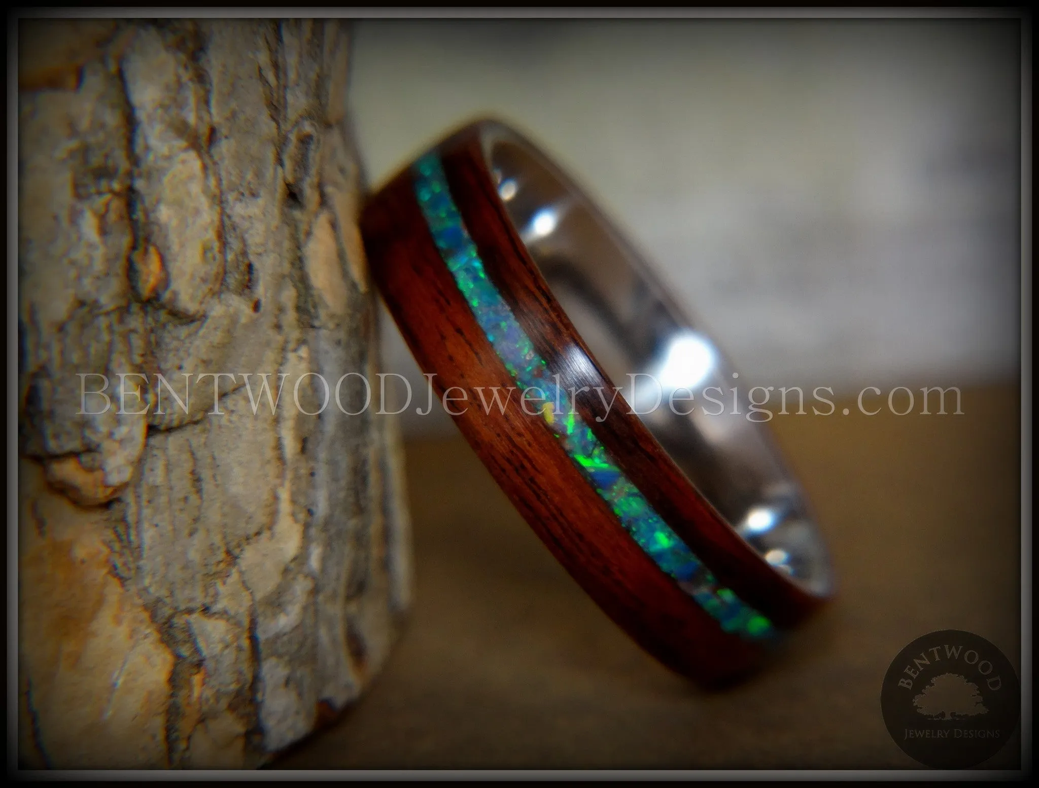 Bentwood Ring - "Peacock" Rosewood Wood Ring with Opal Inlay on Surgical Grade Stainless Steel Comfort Fit Metal Core