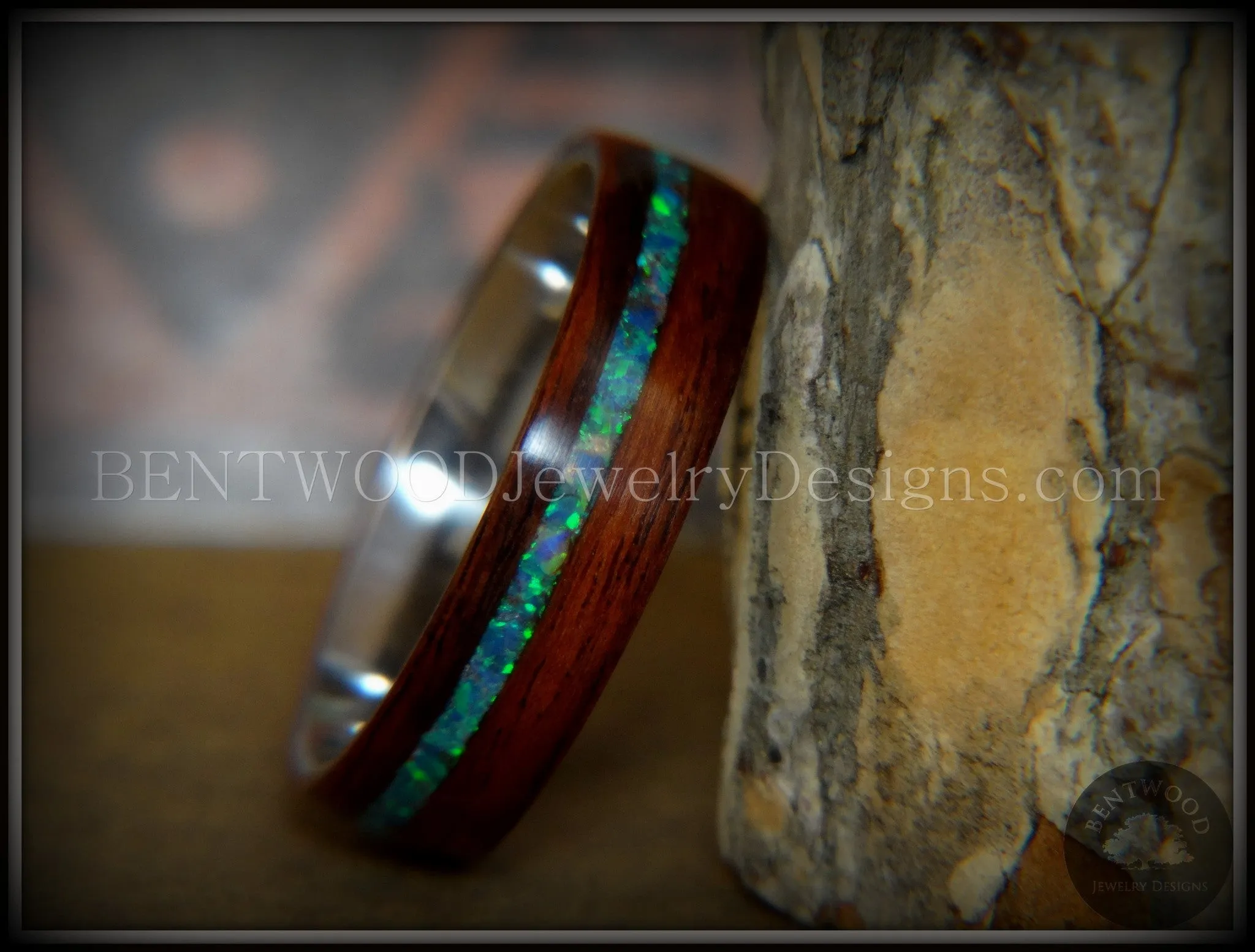 Bentwood Ring - "Peacock" Rosewood Wood Ring with Opal Inlay on Surgical Grade Stainless Steel Comfort Fit Metal Core