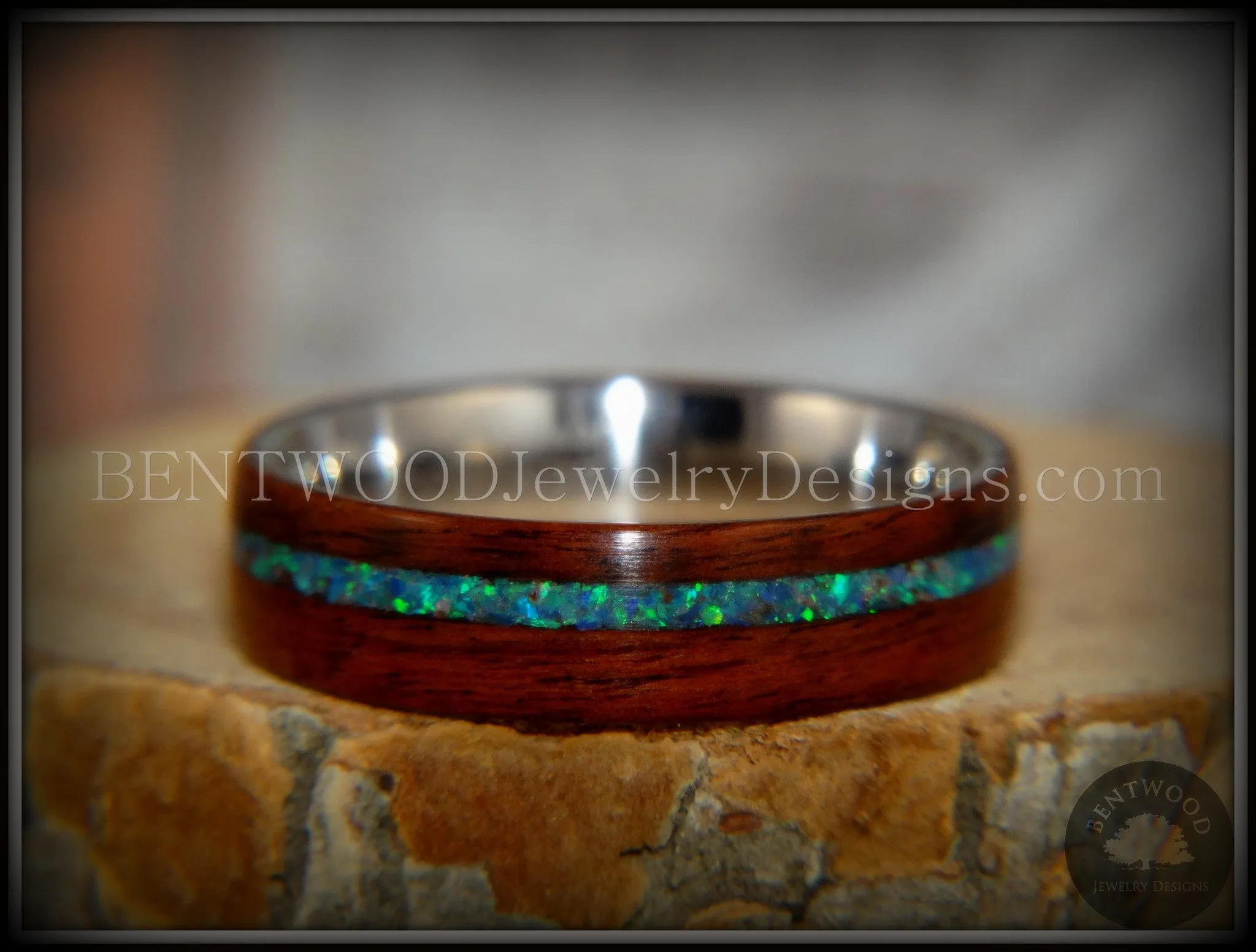 Bentwood Ring - "Peacock" Rosewood Wood Ring with Opal Inlay on Surgical Grade Stainless Steel Comfort Fit Metal Core