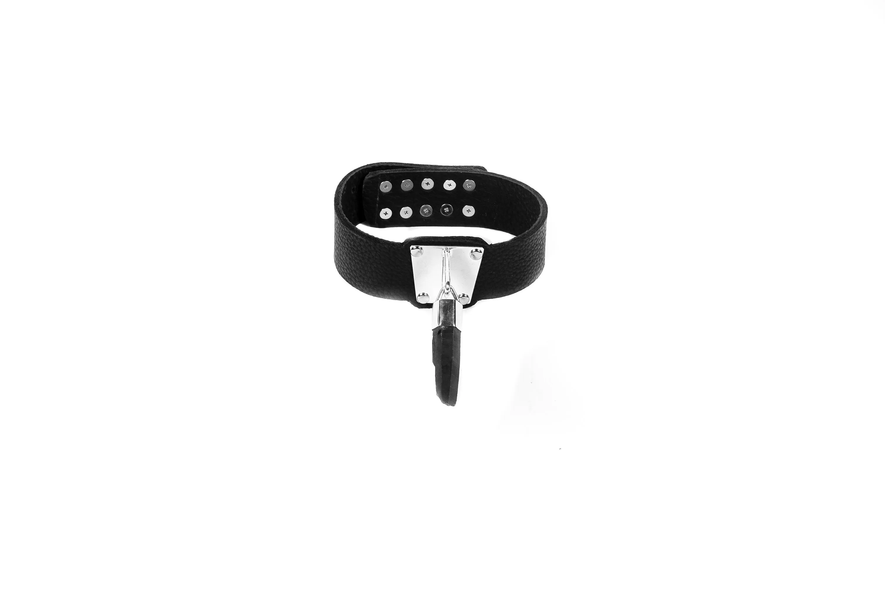 Black Leather Choker with Hanging Gun Black Titanium Dark Crystal and Silver