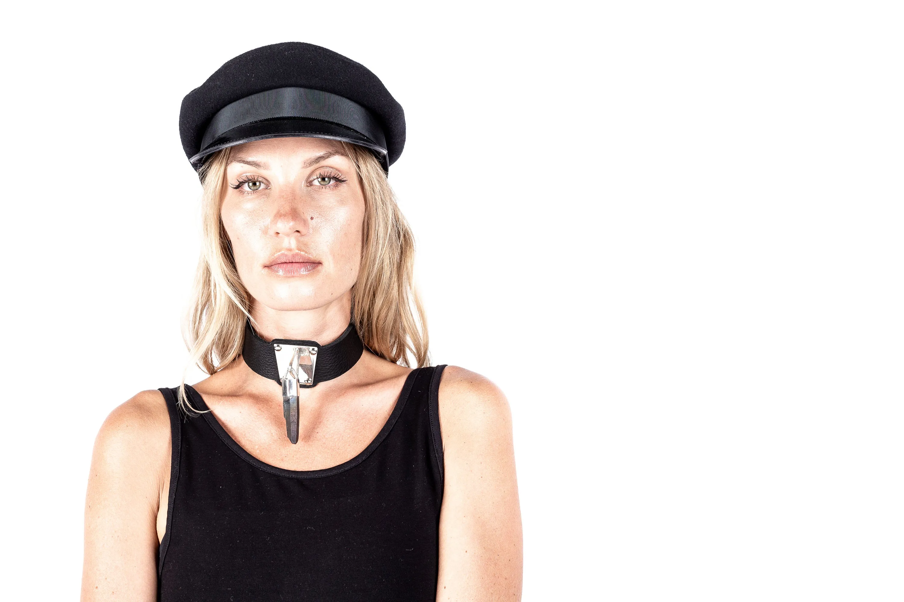 Black Leather Choker with Hanging Gun Black Titanium Dark Crystal and Silver