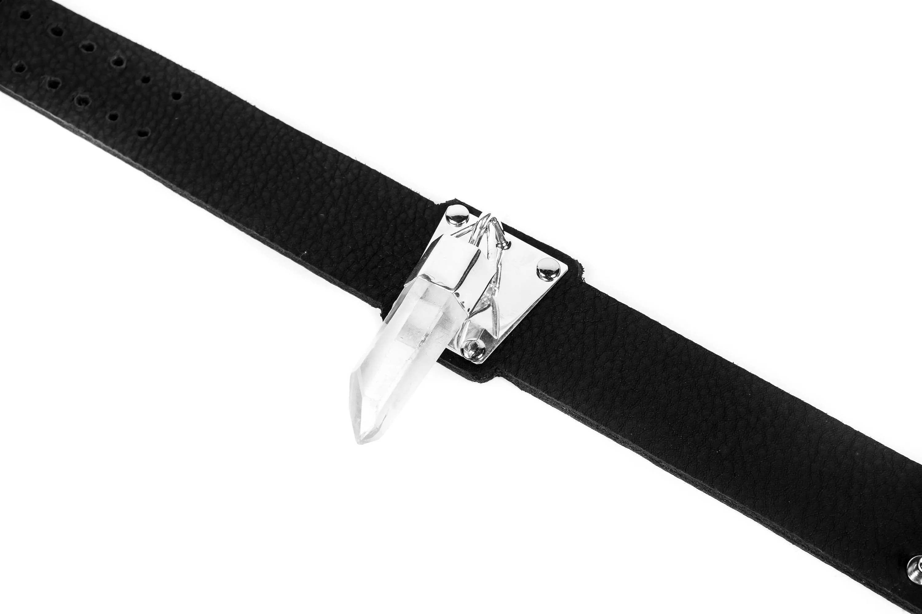 Black Leather Choker with Hanging Quartz Crystal and Silver
