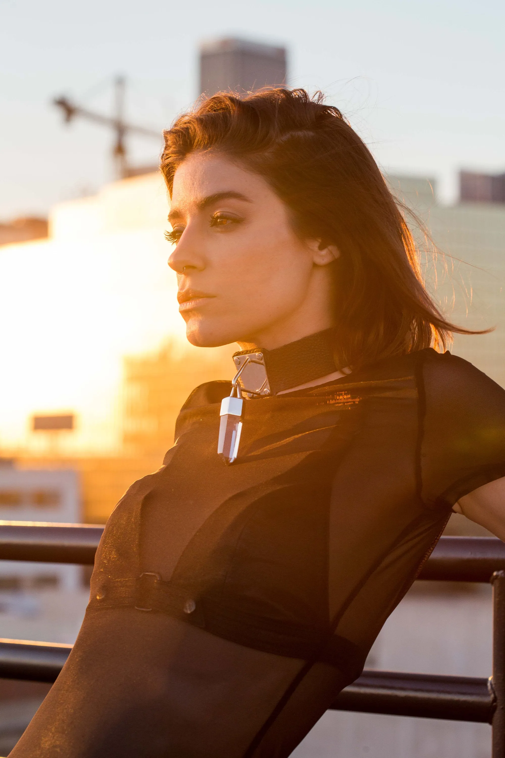 Black Leather Choker with Hanging Quartz Crystal and Silver