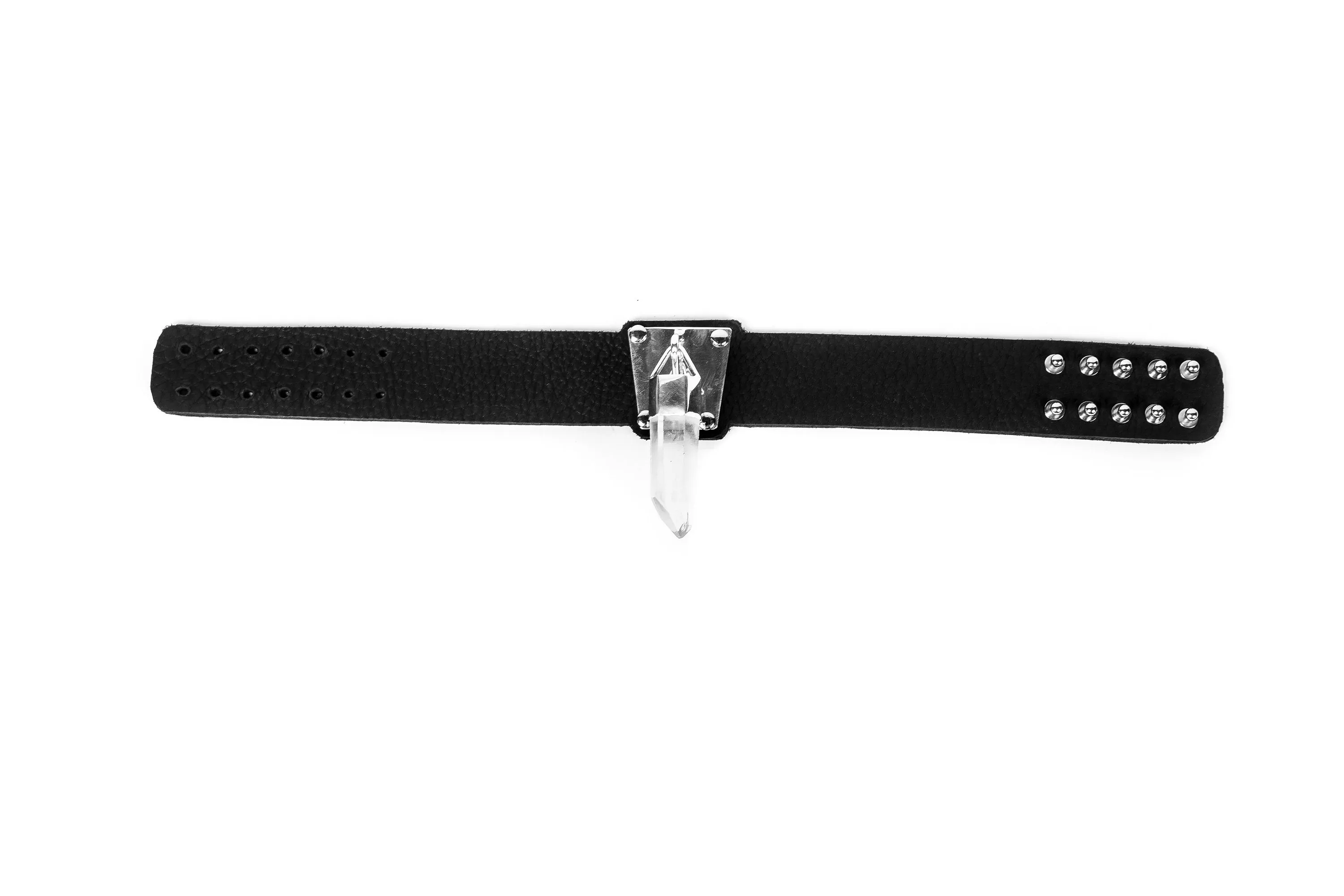 Black Leather Choker with Hanging Quartz Crystal and Silver