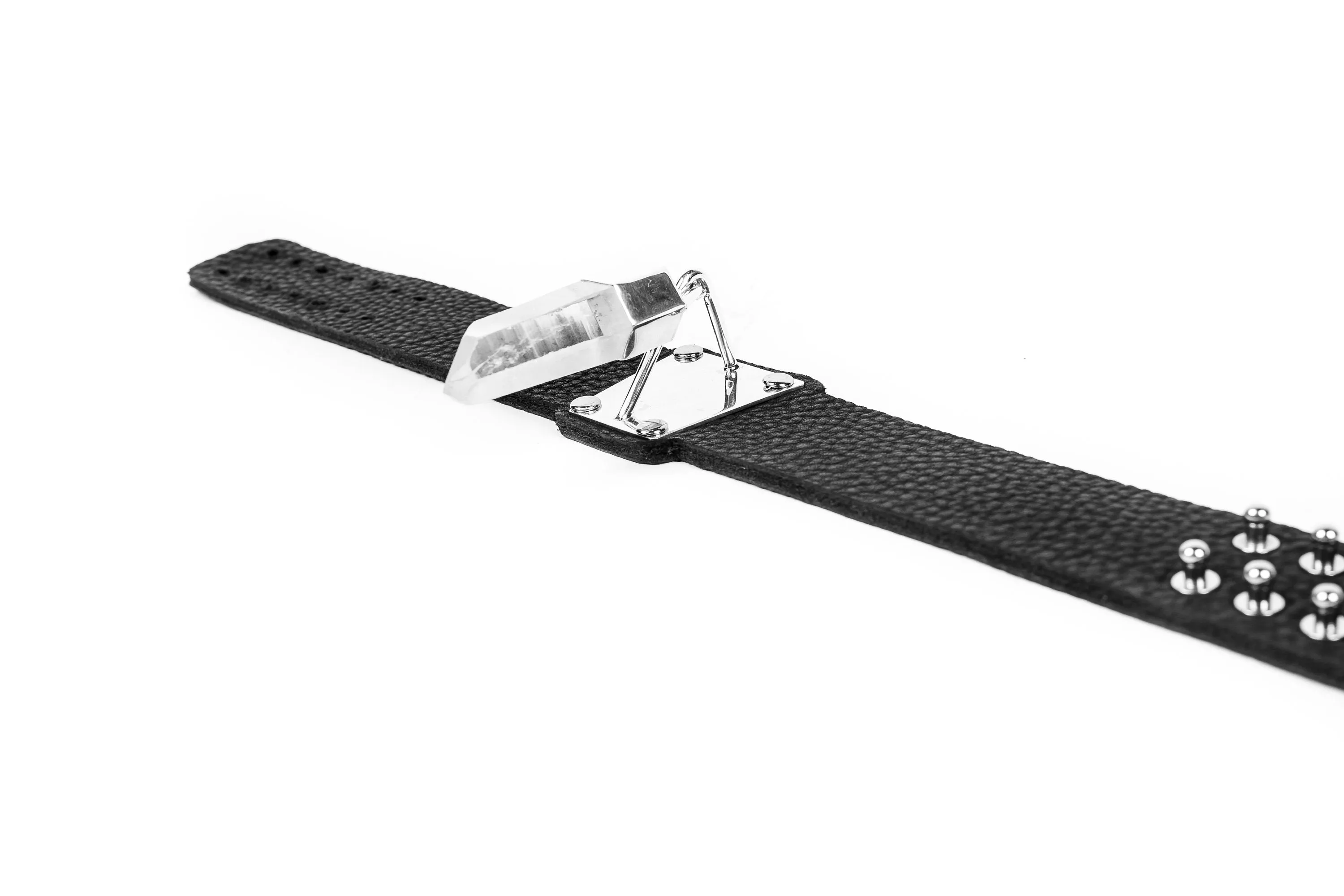 Black Leather Choker with Hanging Quartz Crystal and Silver