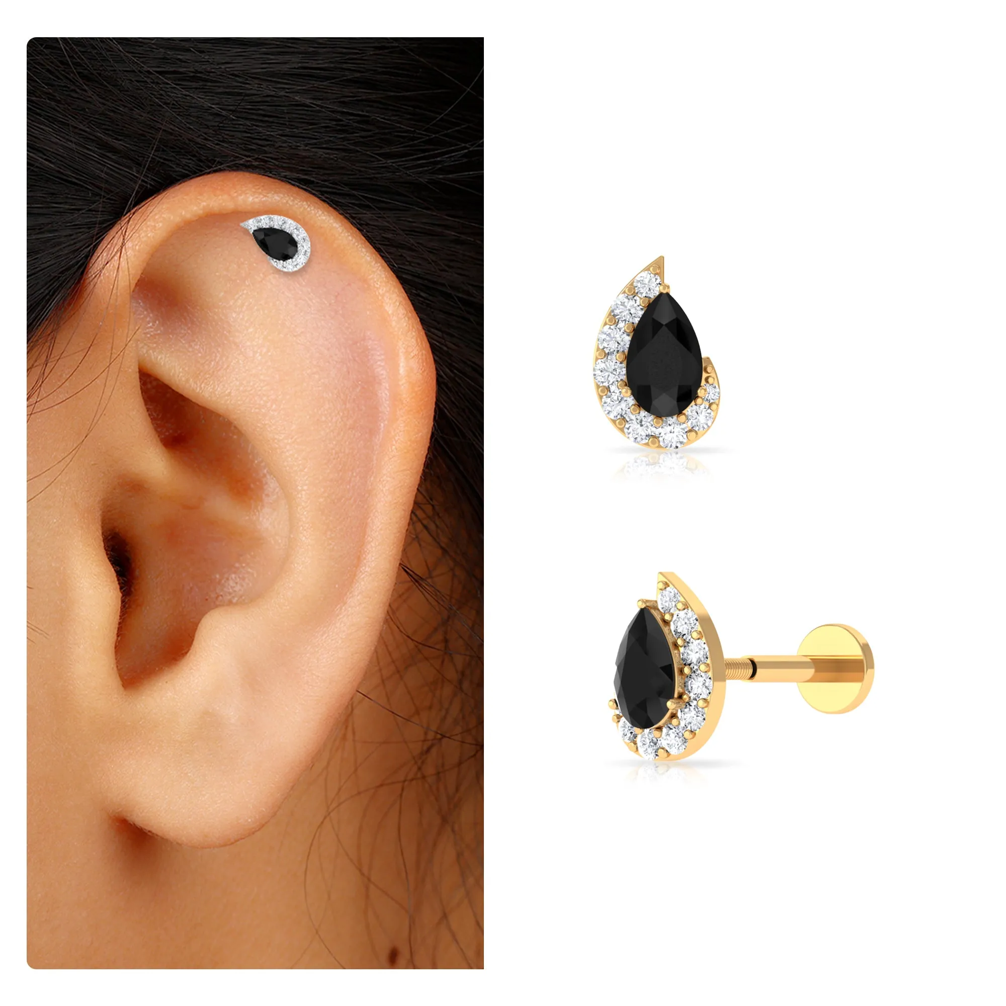 Black Onyx Teardrop Helix Earring with Moissanite