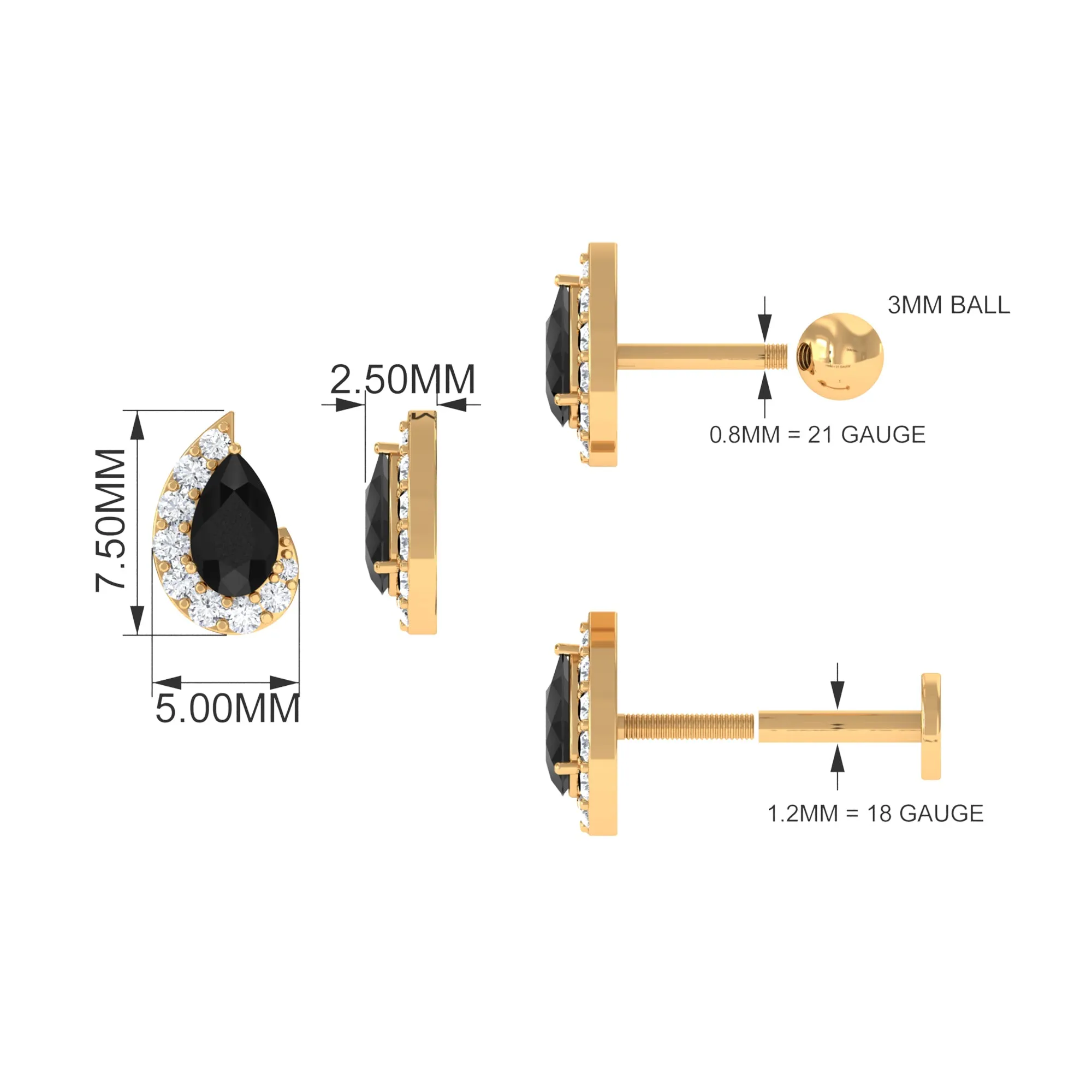 Black Onyx Teardrop Helix Earring with Moissanite