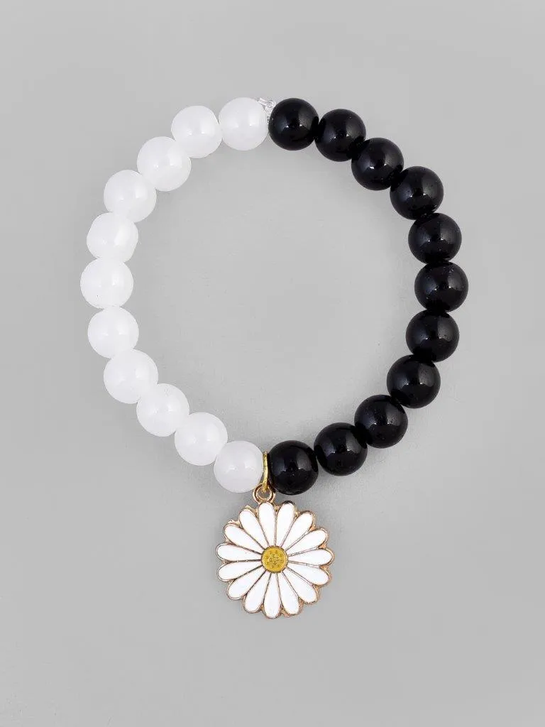 Black White Beads White Flower Elastic Bracelet - Voj