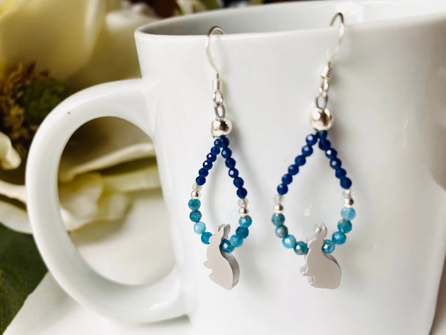 Blue Rabbit Gemstone Hoops/ Bunny Earrings/ Rabbit Earrings