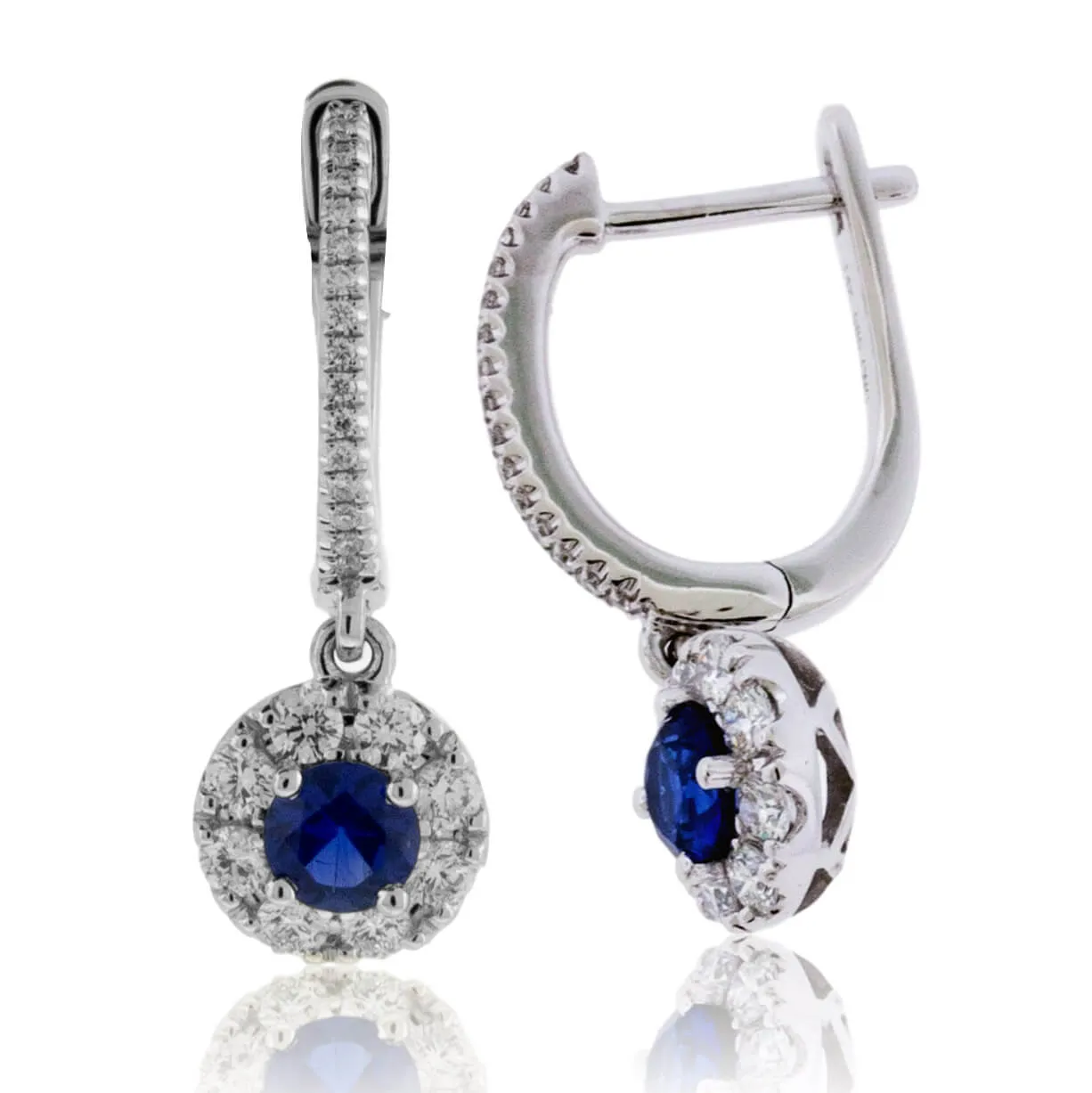 Blue Sapphire & Diamond Drop Halo Earrings