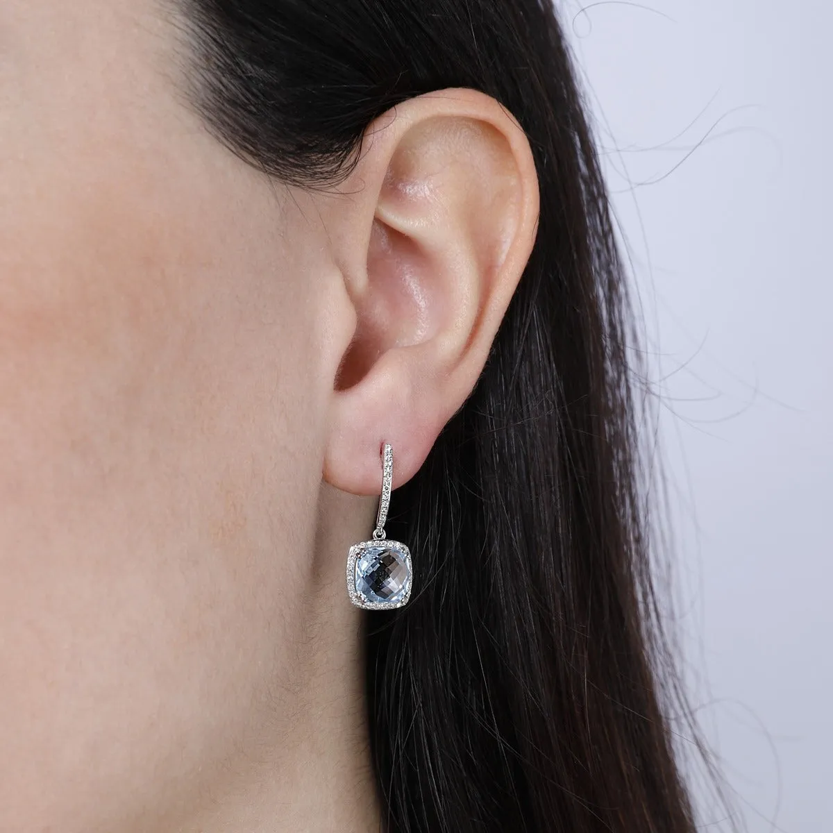Blue Topaz & Diamond 14K White Gold Cushion Drop Earrings