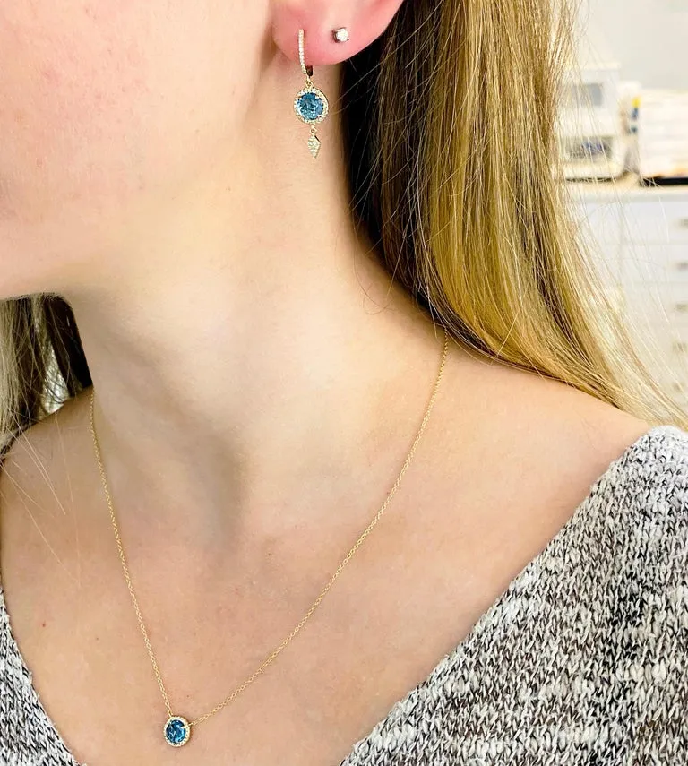 Blue Topaz and Diamond Halo Drop Earrings