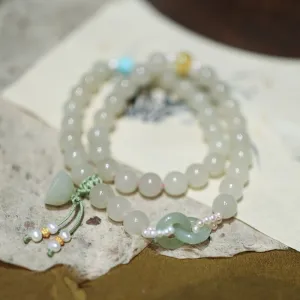 Buddha Stones 925 Sterling Silver Hetian Jade Double Peace Buckle Lotus Luck Double Wrap Bracelet