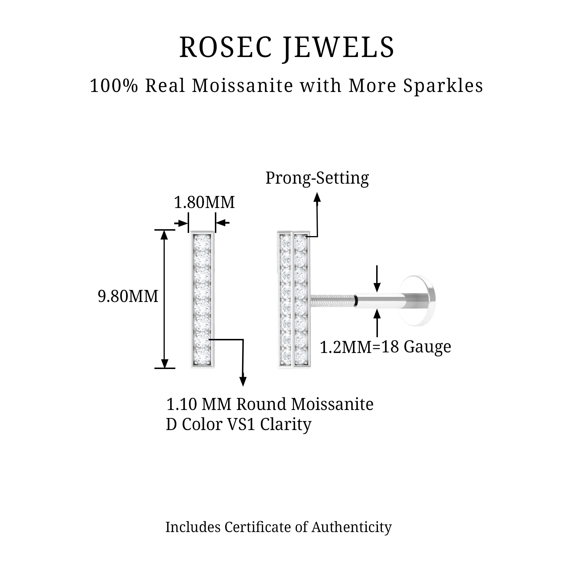 Certified Moissanite Bar Earring for Helix Piercing
