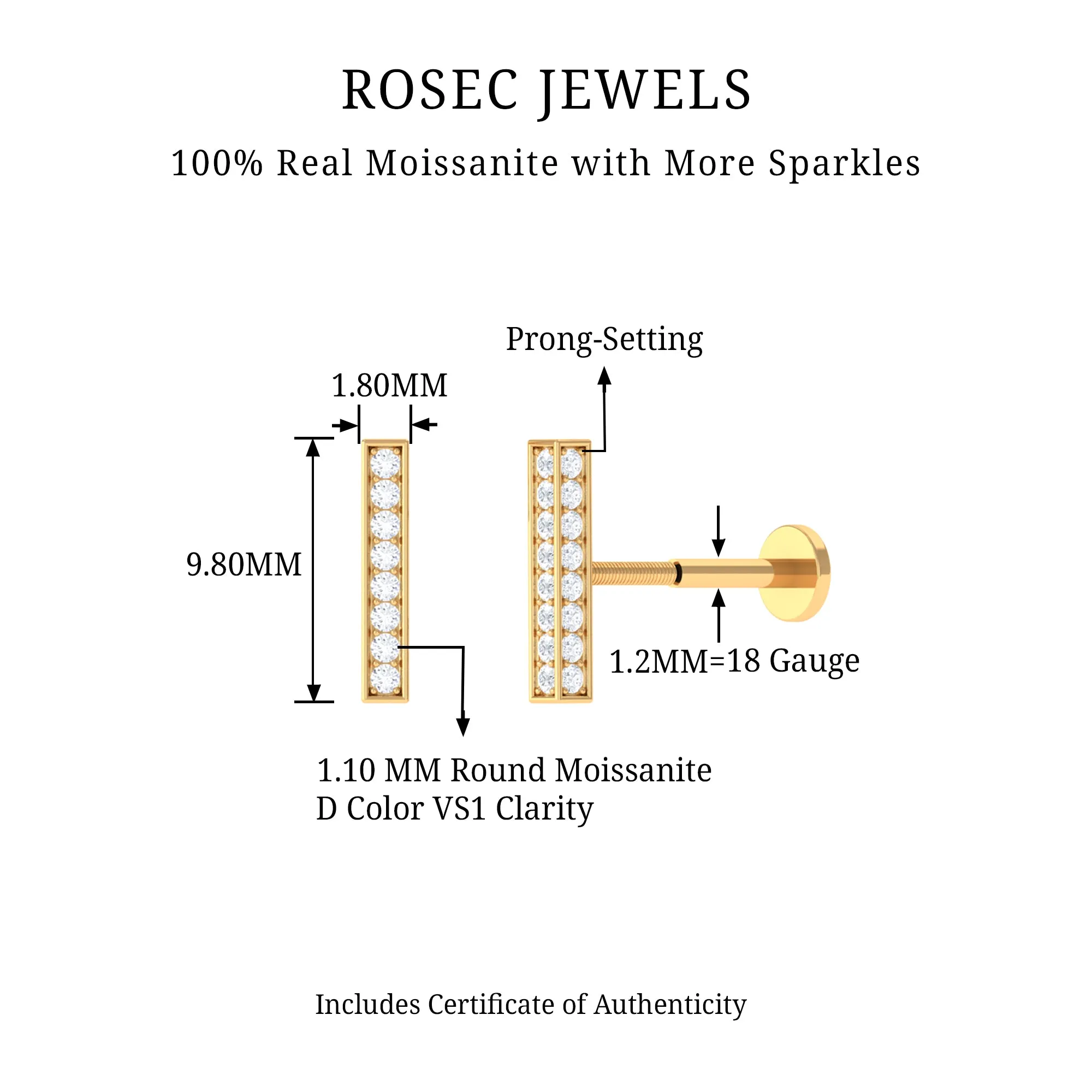 Certified Moissanite Bar Earring for Helix Piercing