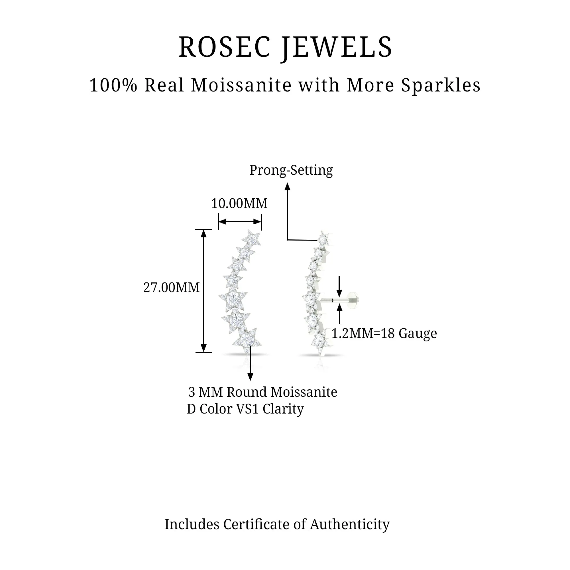 Certified Moissanite Star Gold Ear Climber Earring