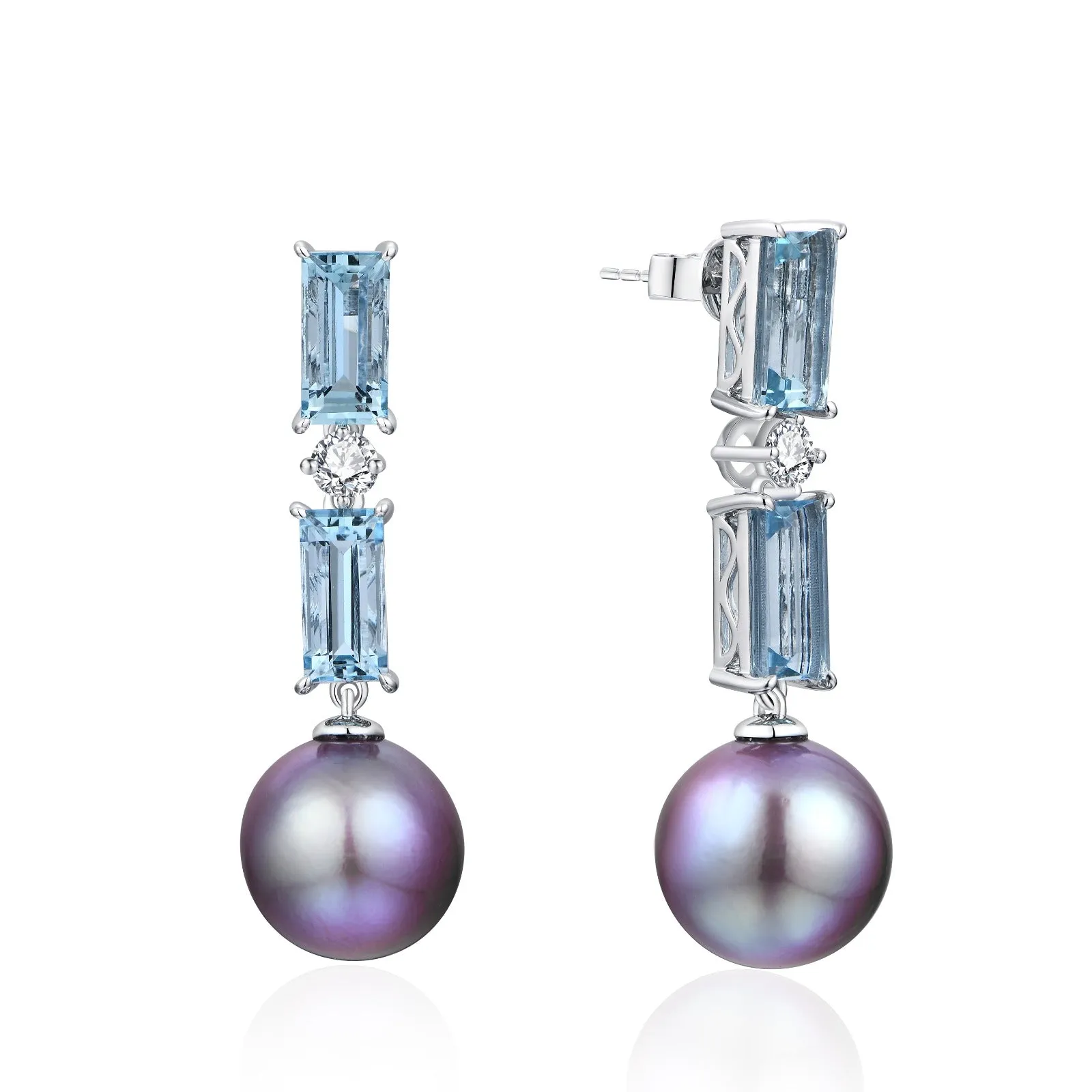 Classic Fresh Pearl Aquamarine and Diamond Earrings