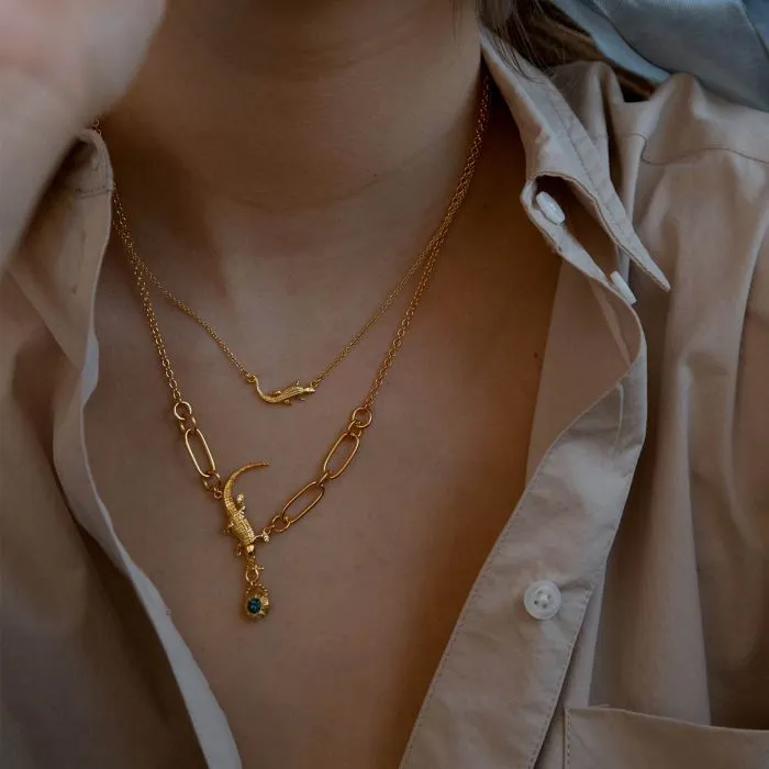 Crocodile Amulet Blue Topaz Linked Chain Necklace