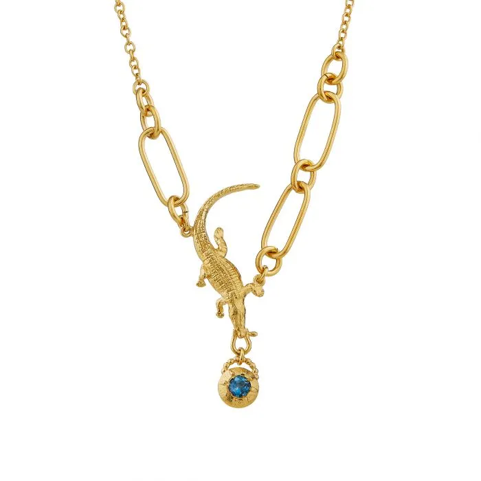 Crocodile Amulet Blue Topaz Linked Chain Necklace