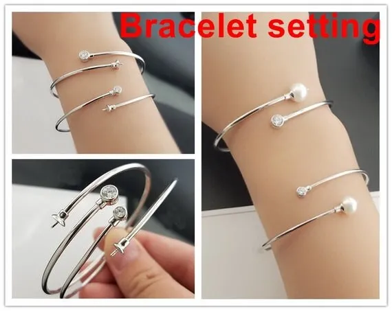 Cuff Mount Bracelet Setting Blank Adjustable 1pc 2" 58mm 3.7g 925 Sterling Silver CZ Semi Mount for 1 Pearl Bead 6-8mm Wholesale Available
