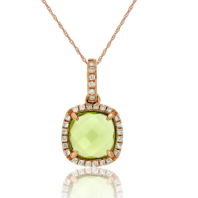 Cushion-Cut Peridot and Diamond Halo Pendant