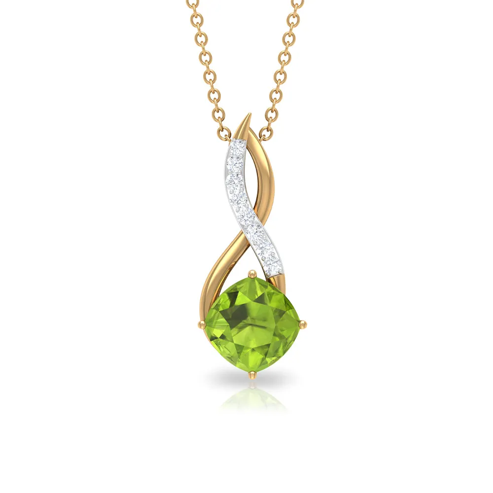 Cushion Cut Peridot Solitaire Infinity Pendant with Diamond