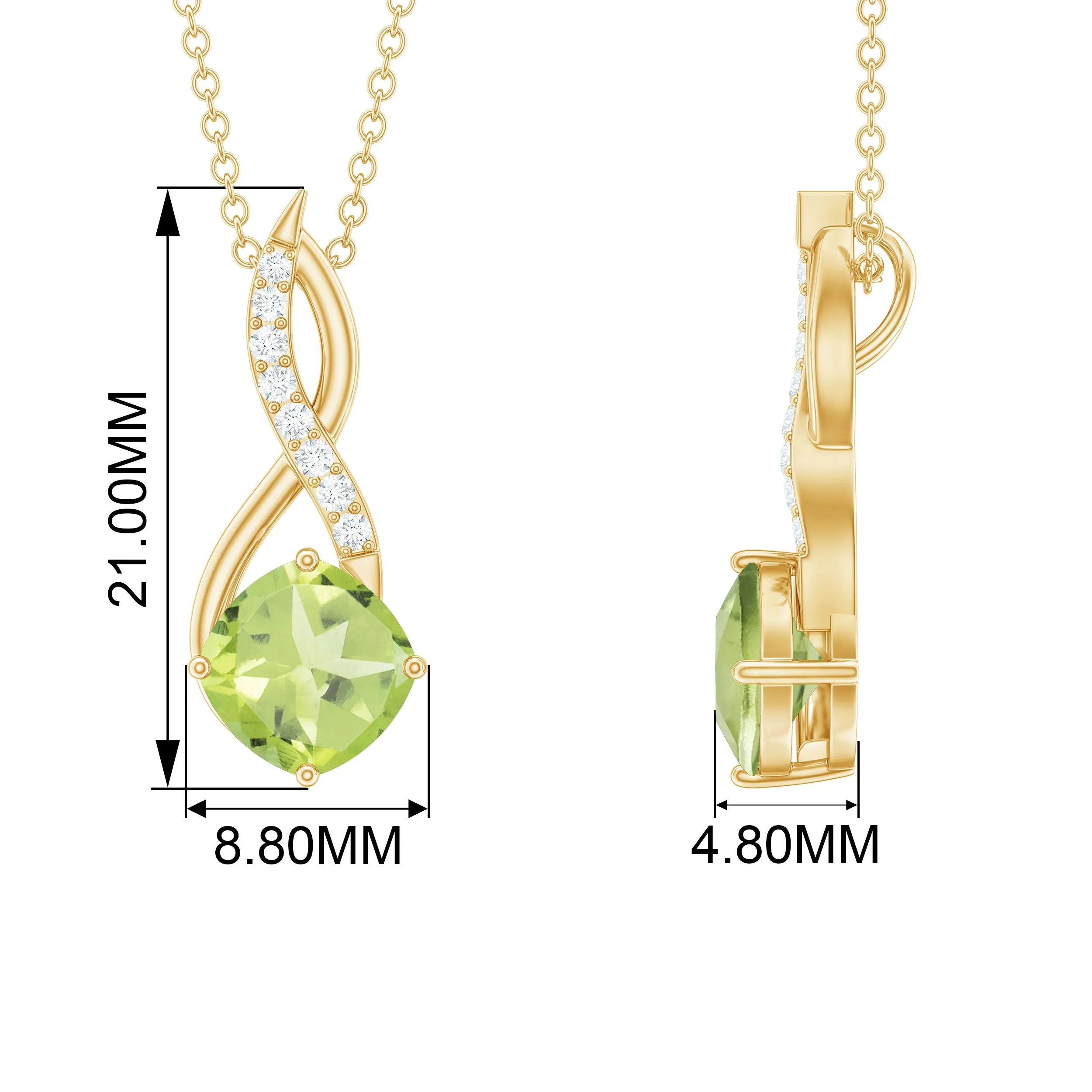 Cushion Cut Peridot Solitaire Infinity Pendant with Diamond