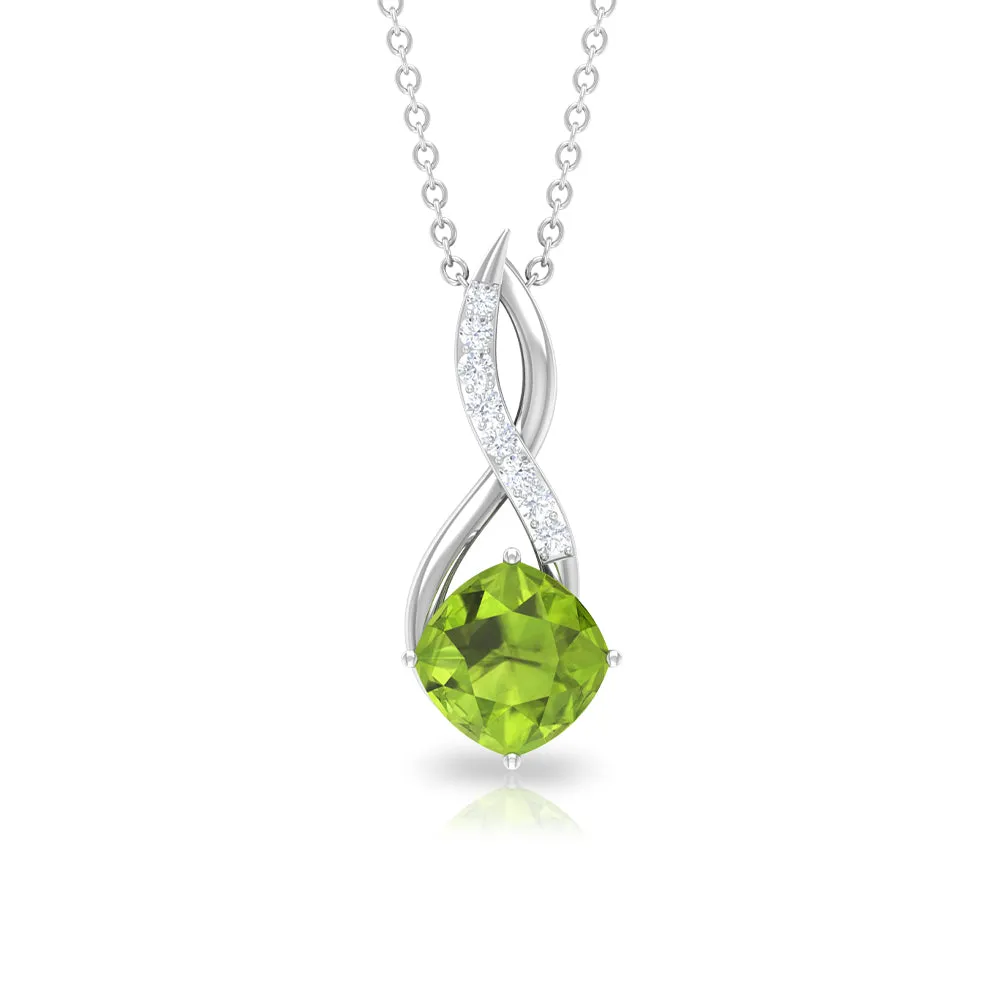 Cushion Cut Peridot Solitaire Infinity Pendant with Diamond