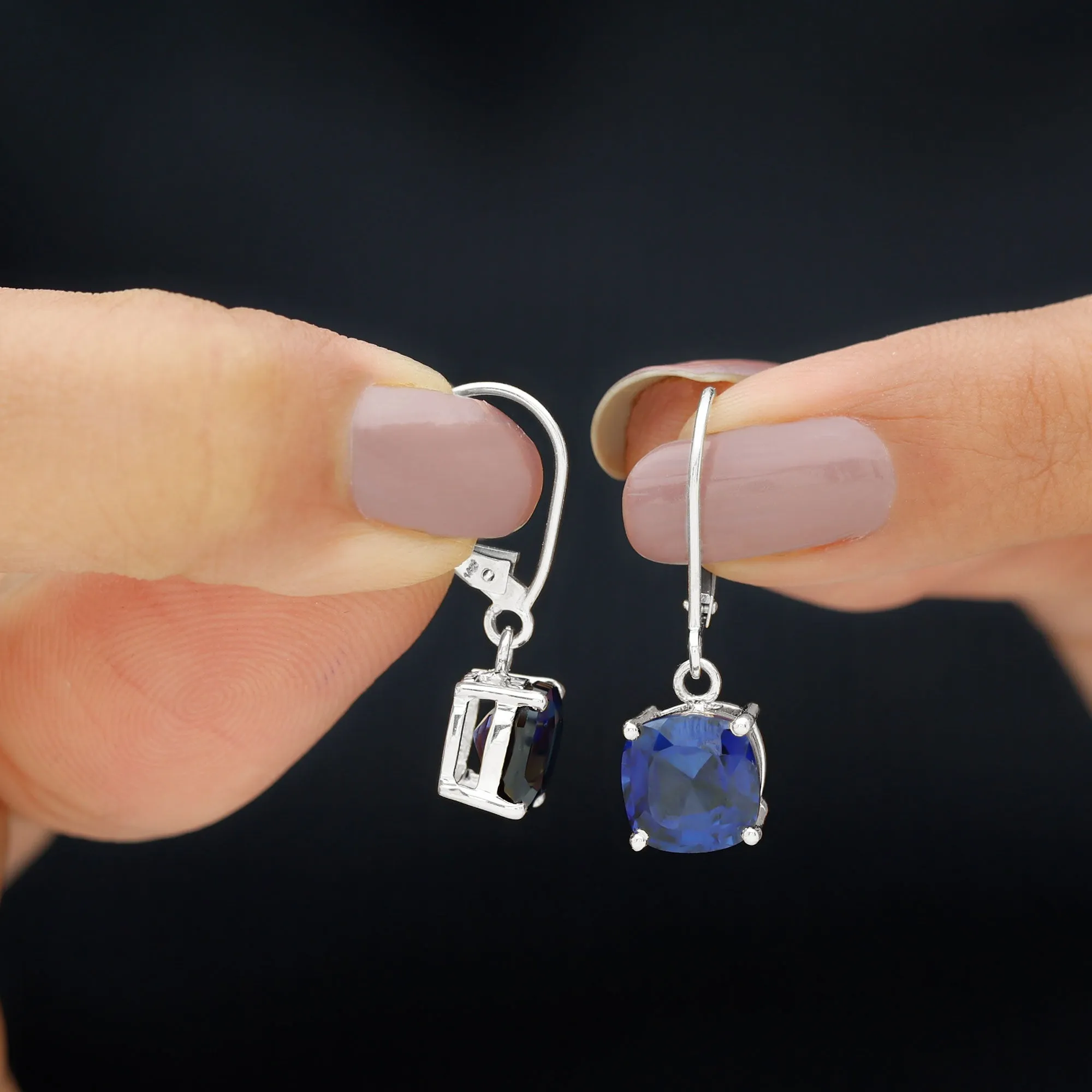 Cushion Cut Solitaire Created Blue Sapphire Drop Earrings