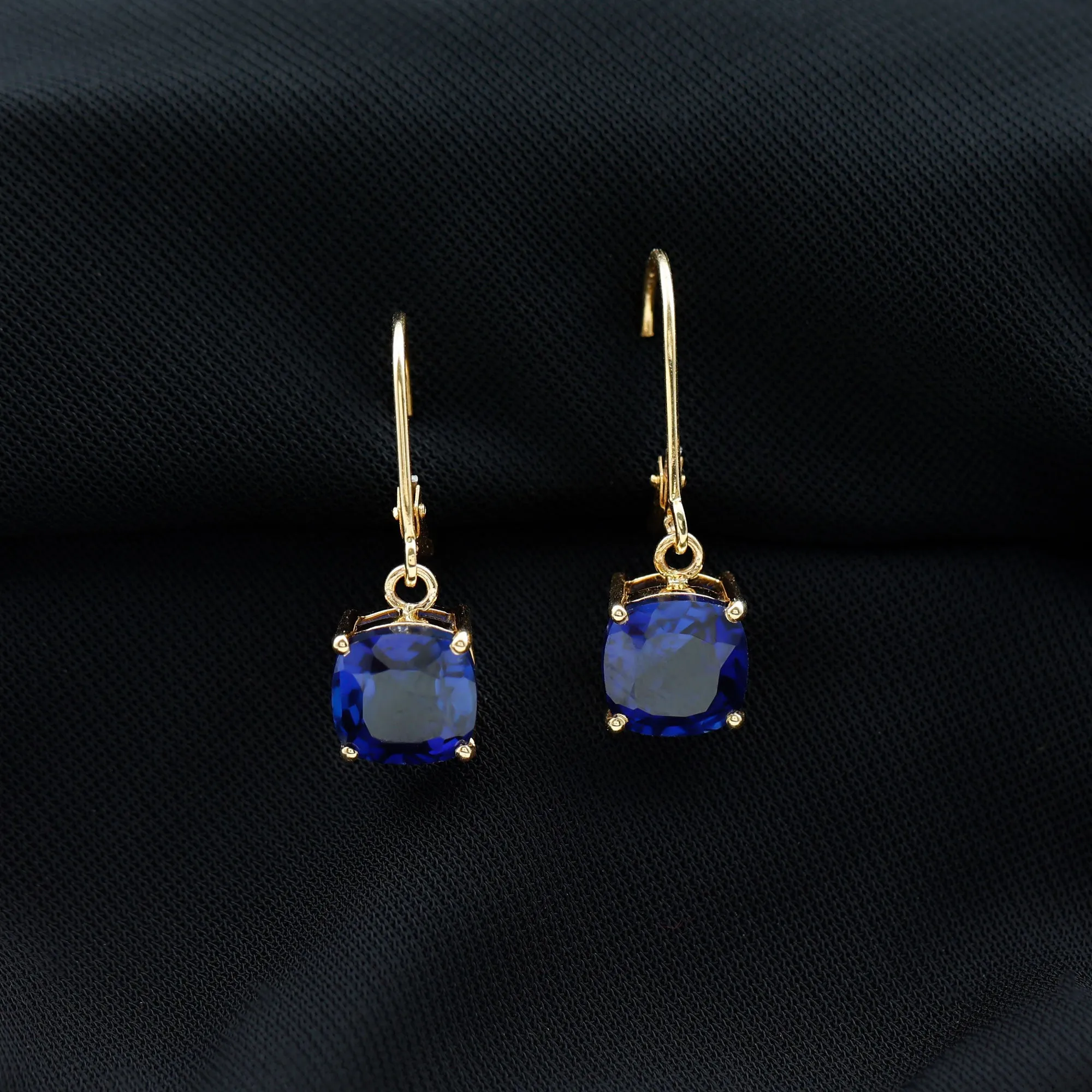 Cushion Cut Solitaire Created Blue Sapphire Drop Earrings