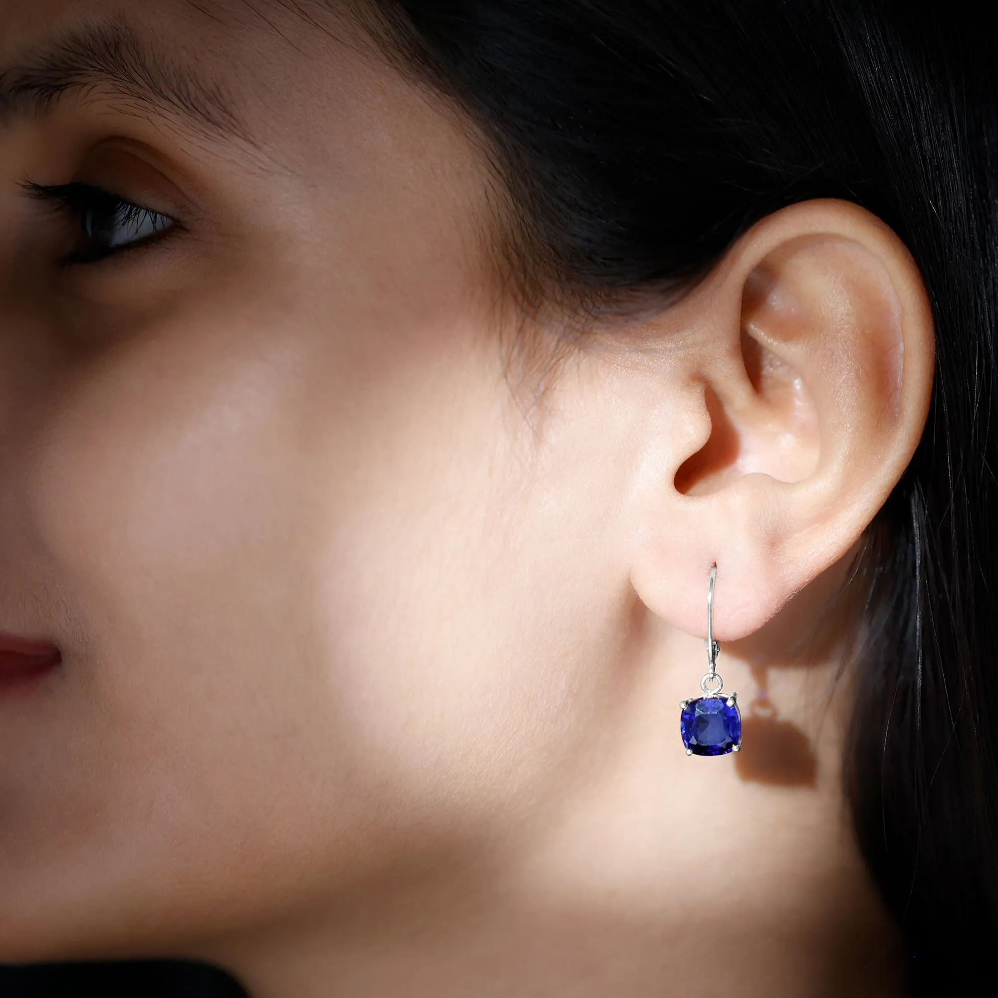 Cushion Cut Solitaire Created Blue Sapphire Drop Earrings