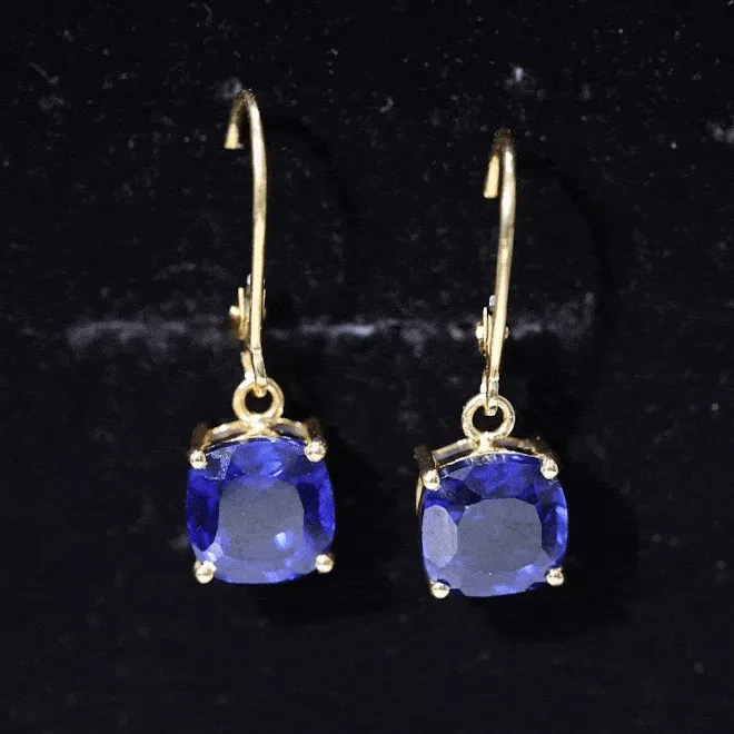 Cushion Cut Solitaire Created Blue Sapphire Drop Earrings