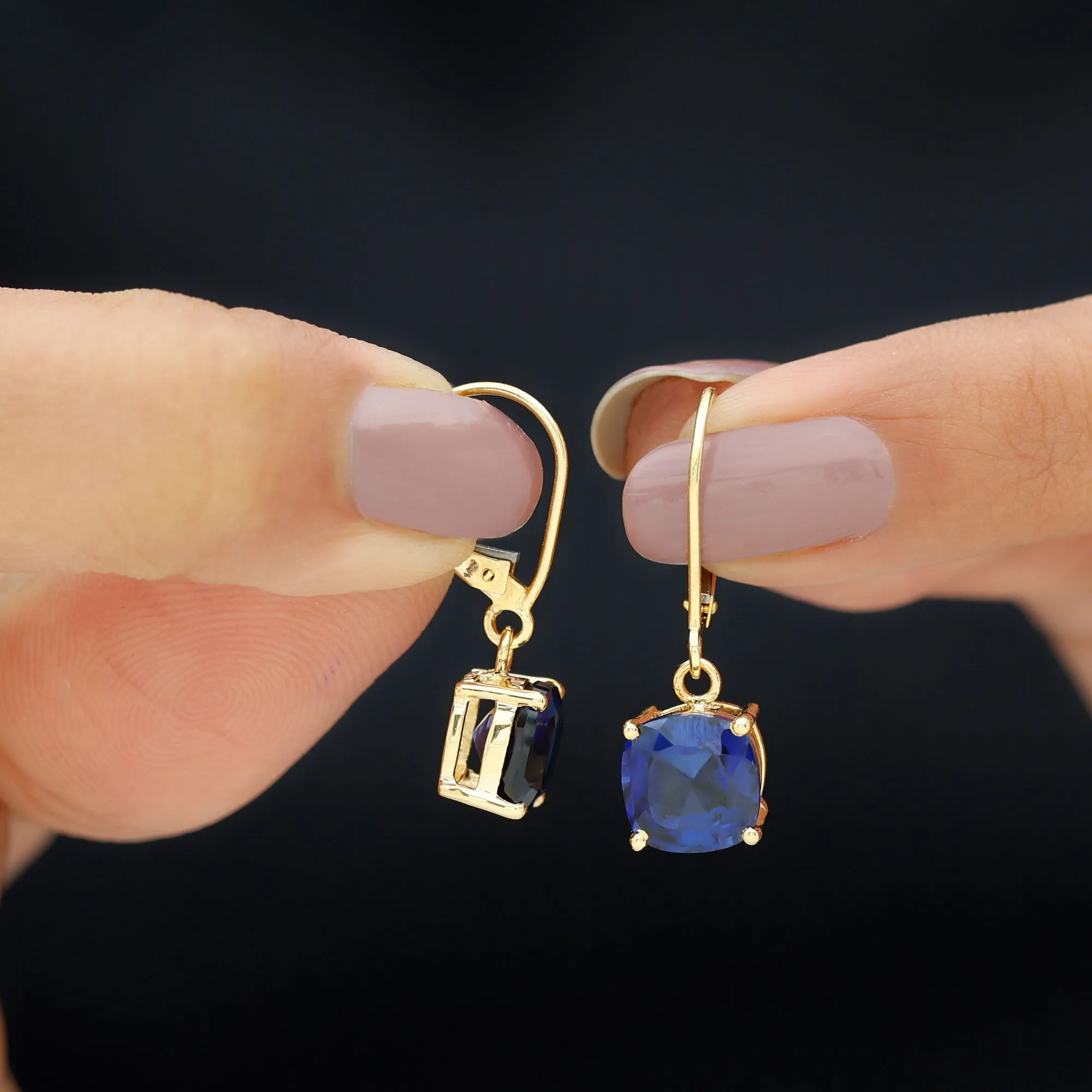 Cushion Cut Solitaire Created Blue Sapphire Drop Earrings