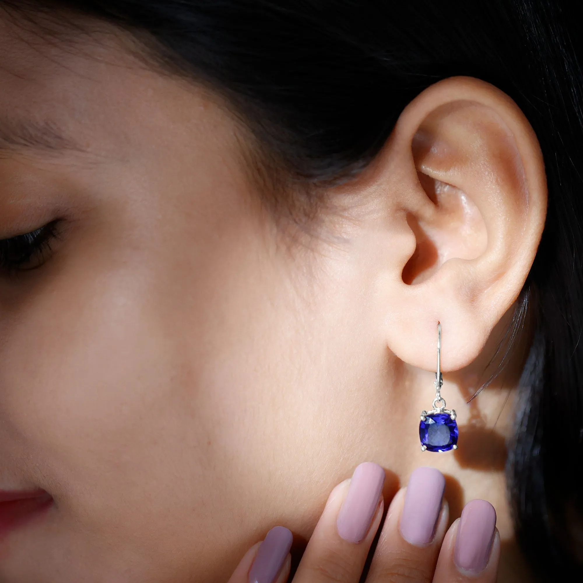 Cushion Cut Solitaire Created Blue Sapphire Drop Earrings