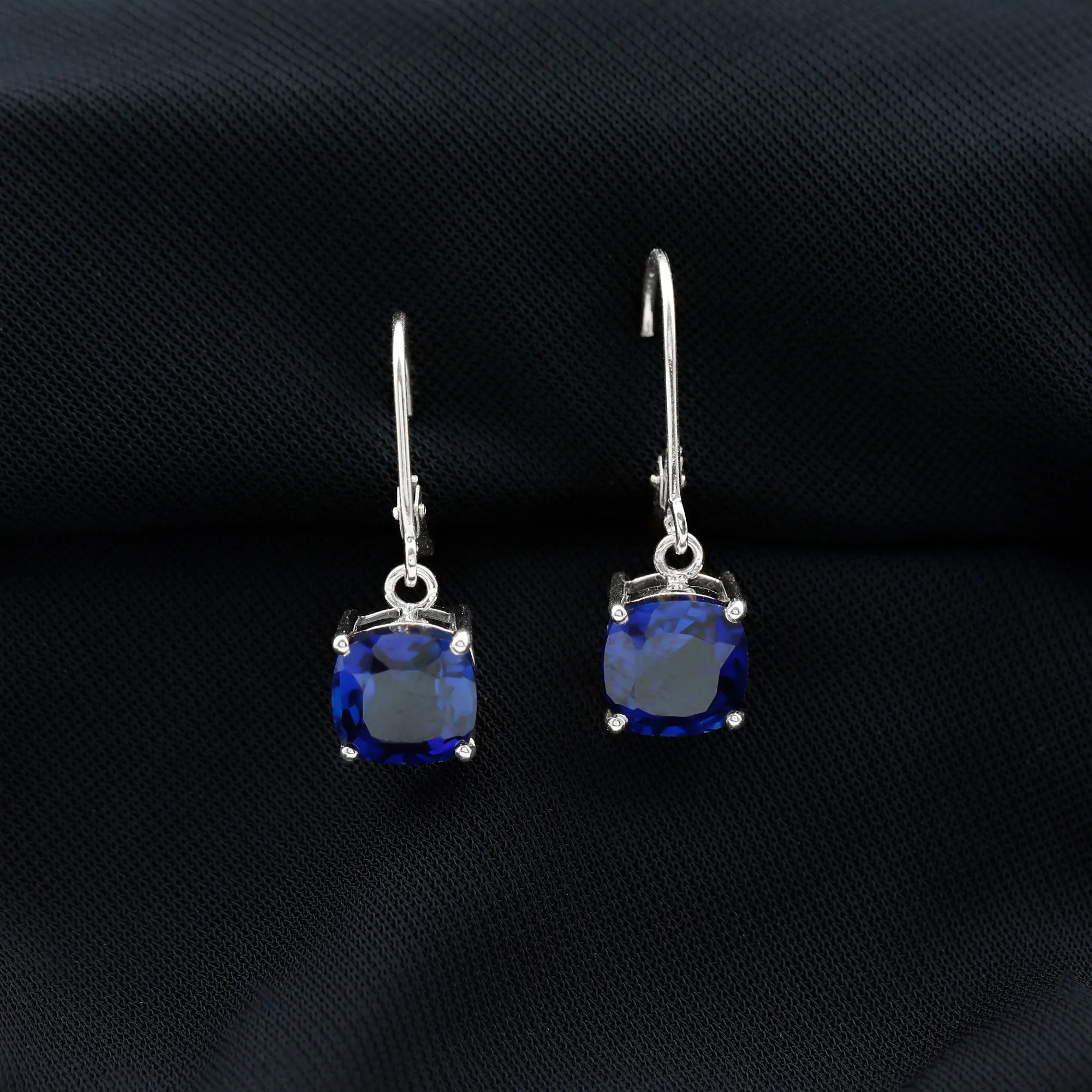 Cushion Cut Solitaire Created Blue Sapphire Drop Earrings