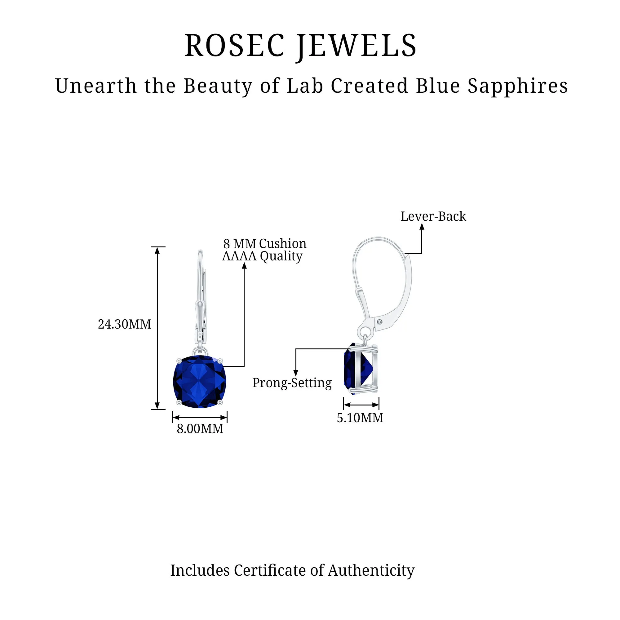 Cushion Cut Solitaire Created Blue Sapphire Drop Earrings