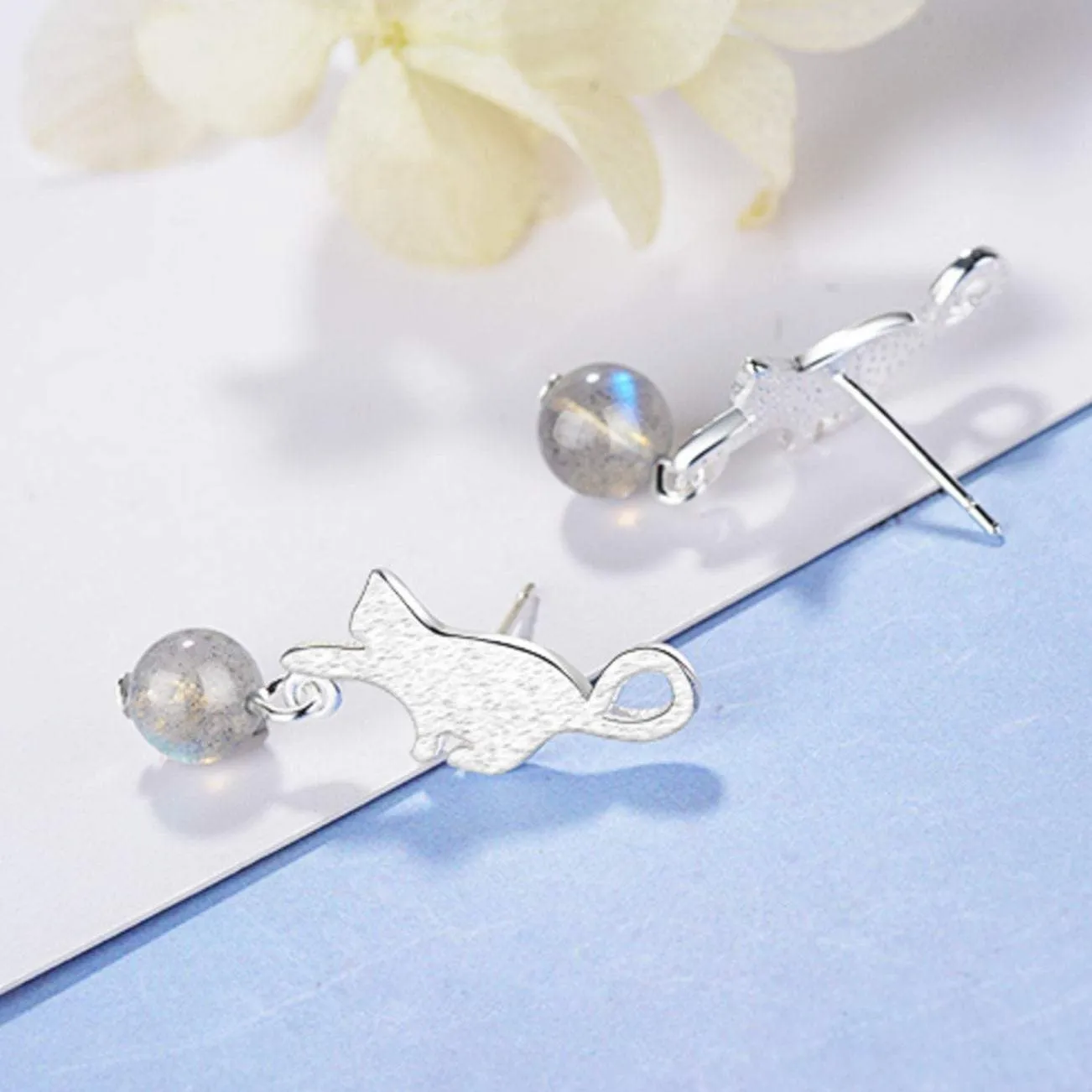 Cute Cat Grey Moonstone Earrings