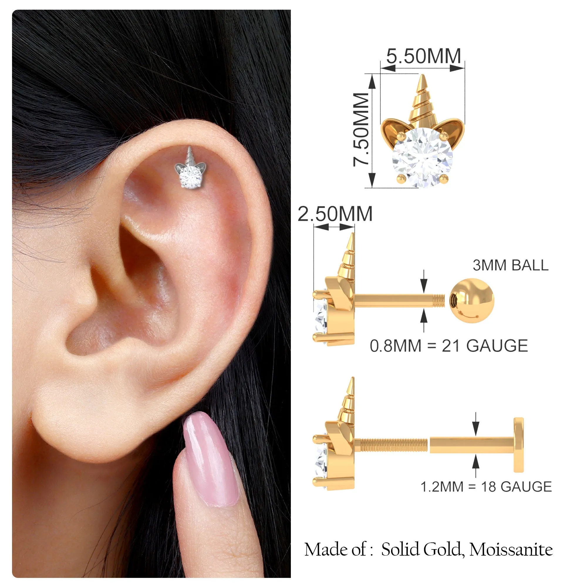 Cute Moissanite Unicorn Helix Earring in Gold