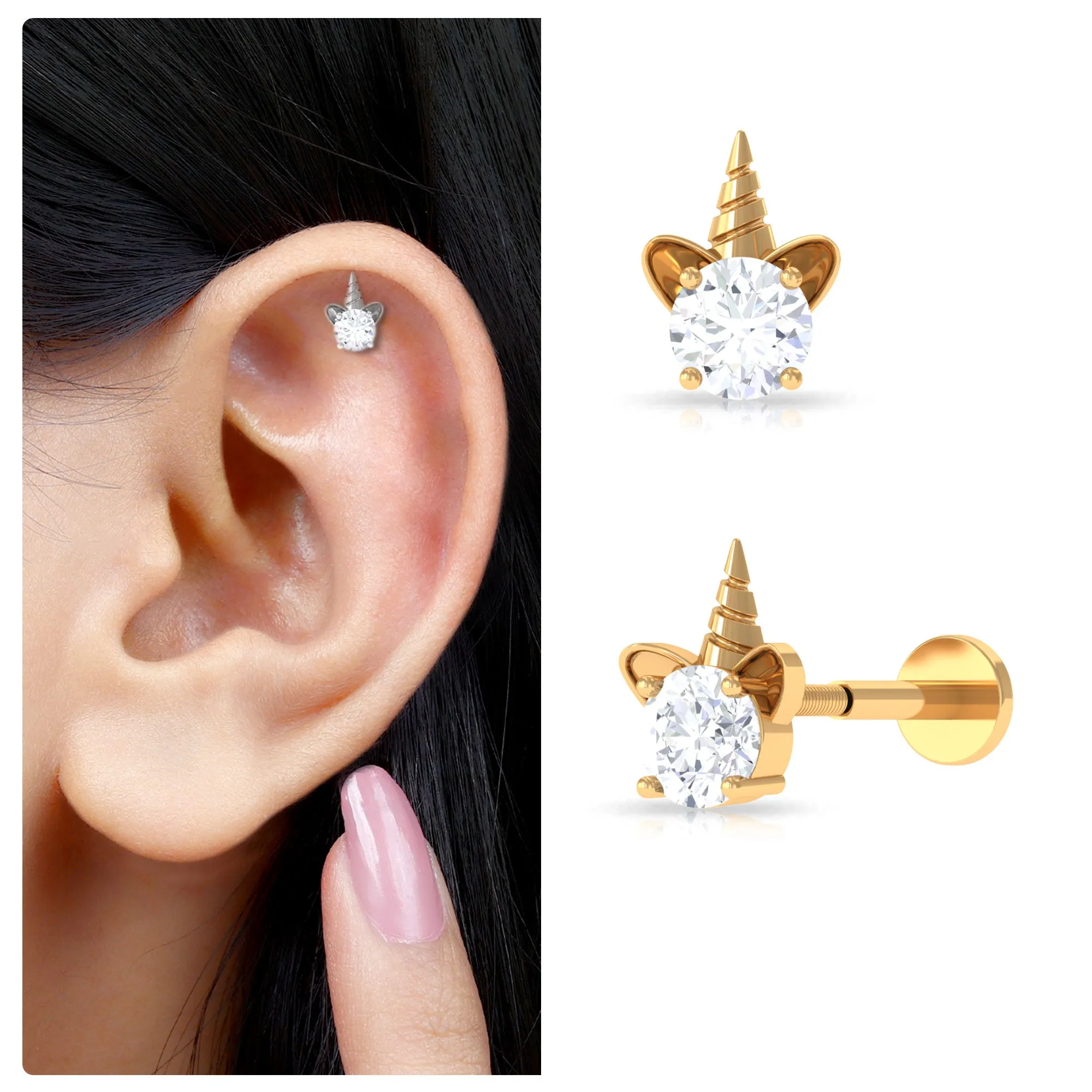 Cute Moissanite Unicorn Helix Earring in Gold