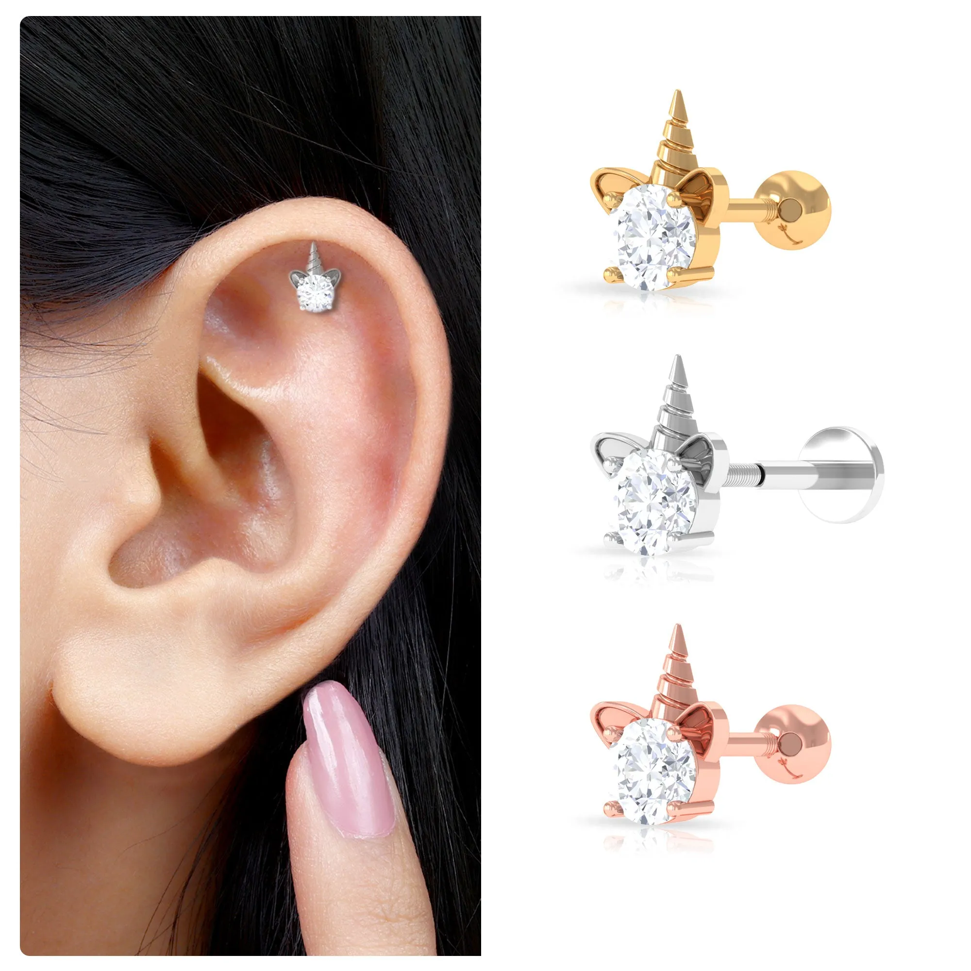 Cute Moissanite Unicorn Helix Earring in Gold
