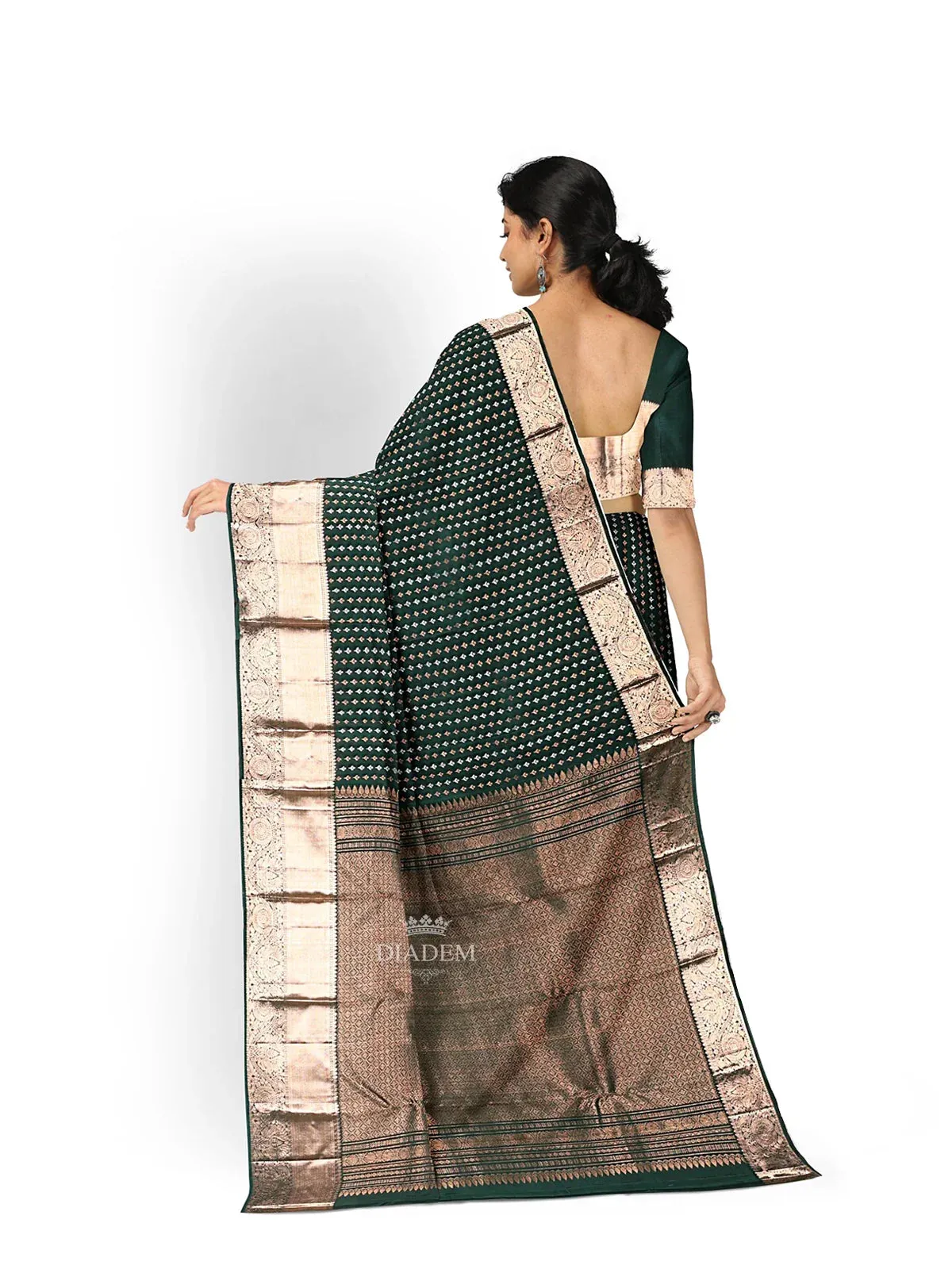 Dark Green Pure Kanchipuram (Bridal) Silk Saree with Floral Motif on the Body and Contrast Zari Border