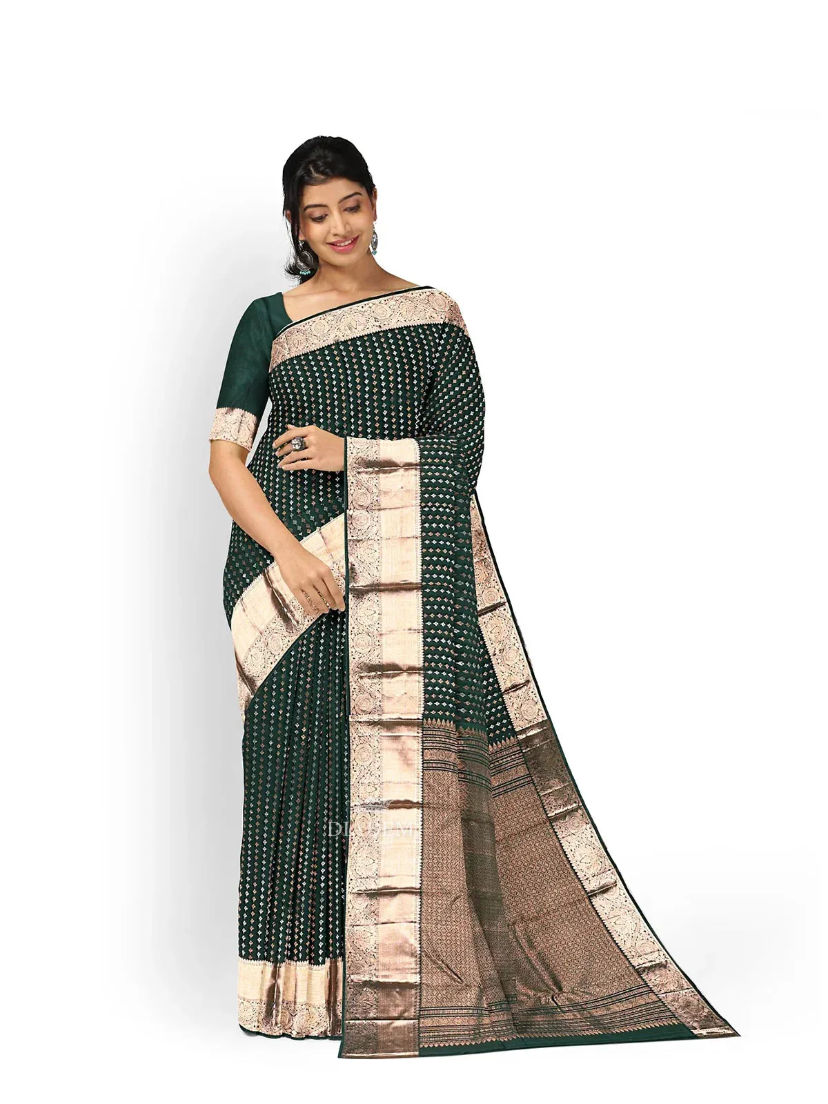 Dark Green Pure Kanchipuram (Bridal) Silk Saree with Floral Motif on the Body and Contrast Zari Border