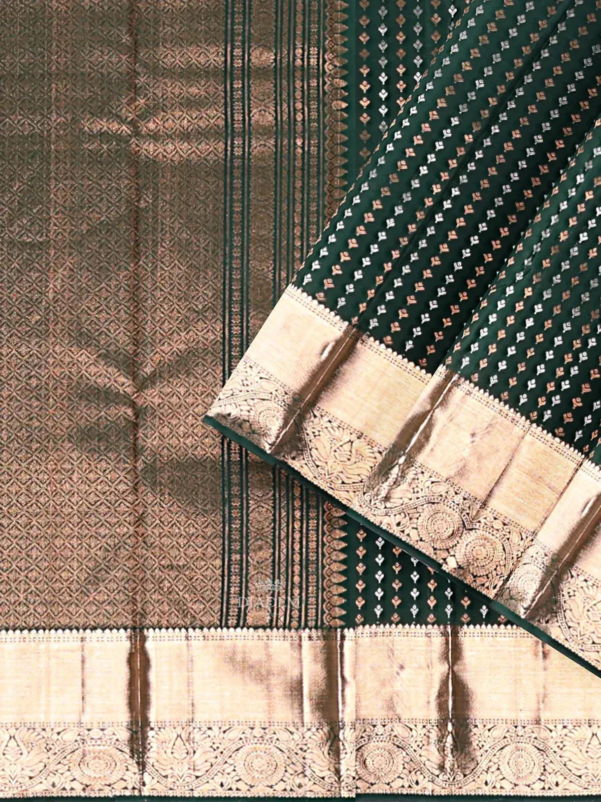 Dark Green Pure Kanchipuram (Bridal) Silk Saree with Floral Motif on the Body and Contrast Zari Border