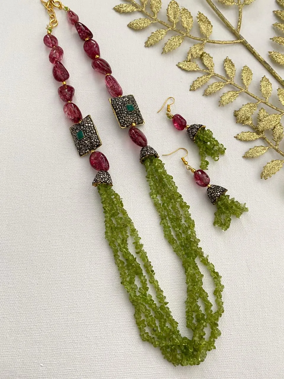 Designer Semi Precious Green Paridot Beads Necklace By Gehna Shop