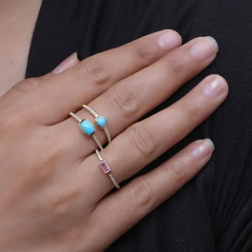 Diamond & Cushion Cut Turquoise Ring in US Size 8