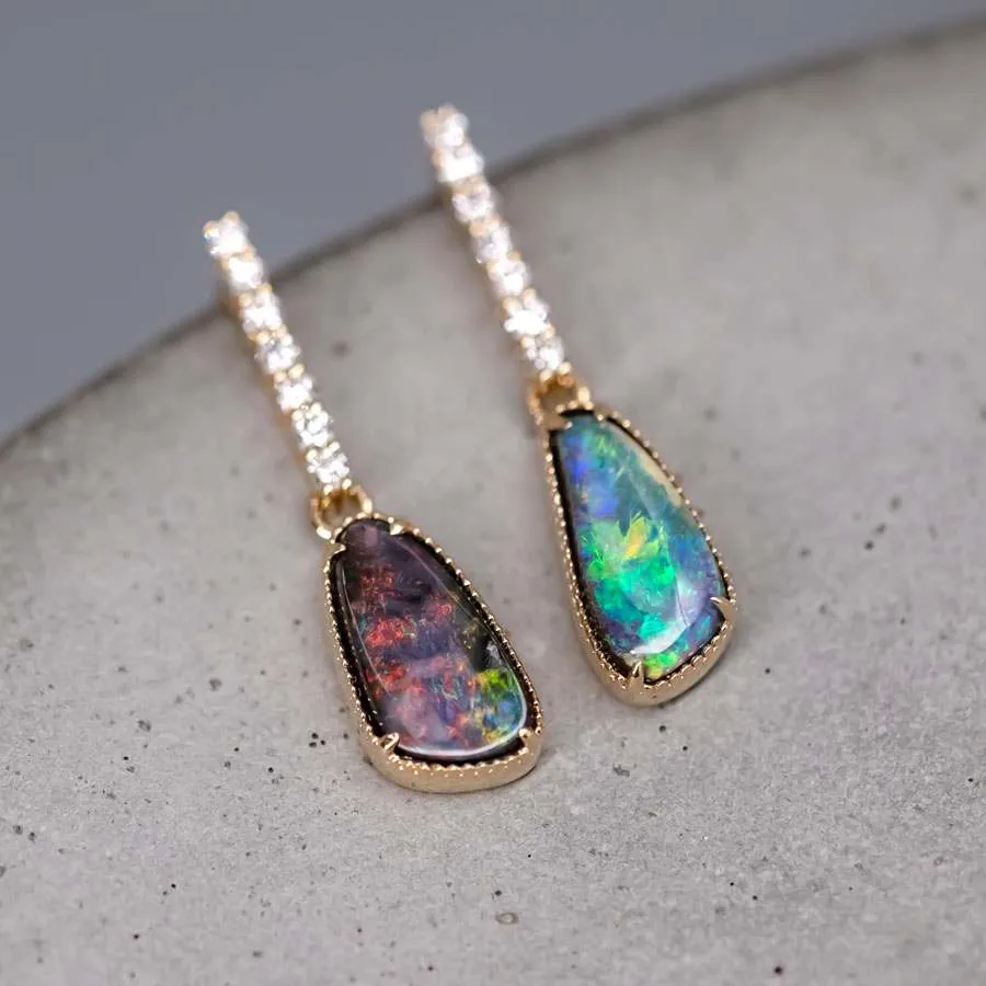 Elegant Australian Boulder Opal Diamond Drop Earrings in 18K Yellow Gold