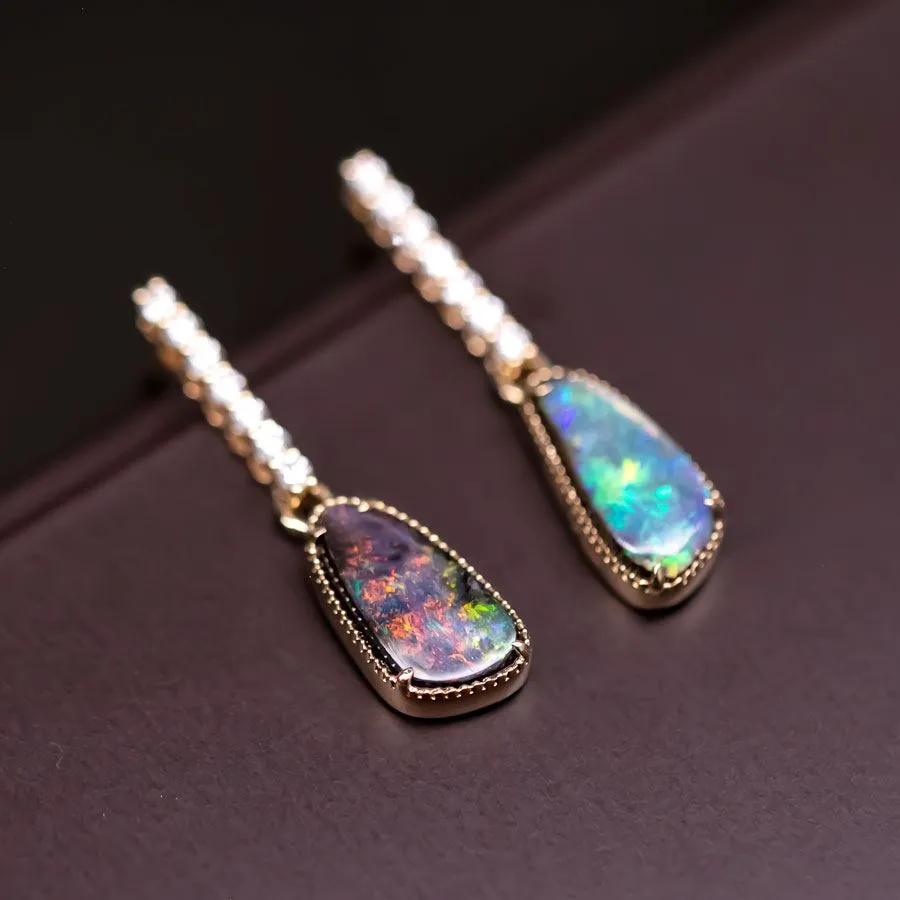 Elegant Australian Boulder Opal Diamond Drop Earrings in 18K Yellow Gold